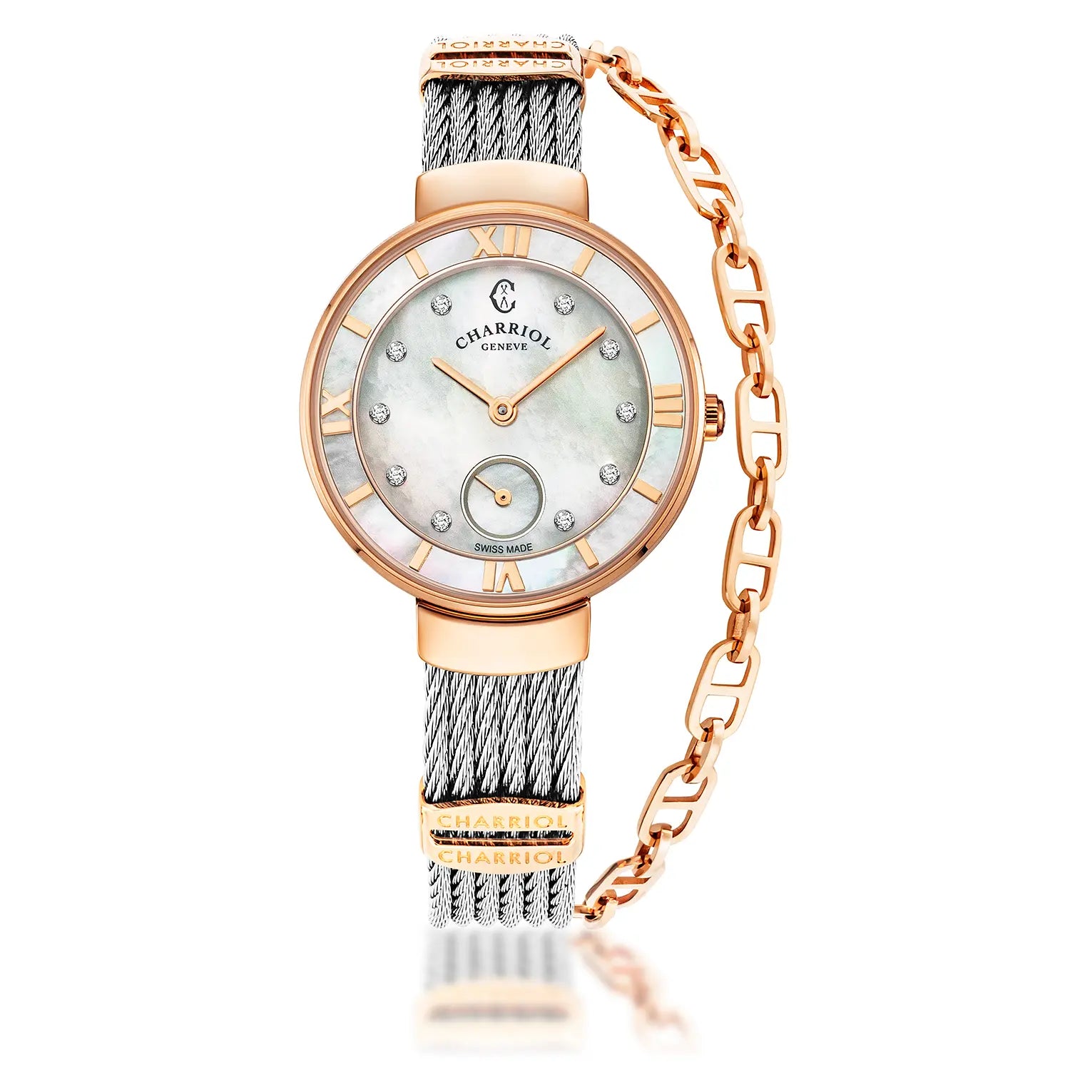 ST TROPEZ, 30MM, CUARZO CALIBRE, PERLA MADRE CON 10 DIAMANTES DIAL, BISEL DE PERLA MADRE, PULSERA DE CABLE DE ACERO - Charriol Geneve - Watch