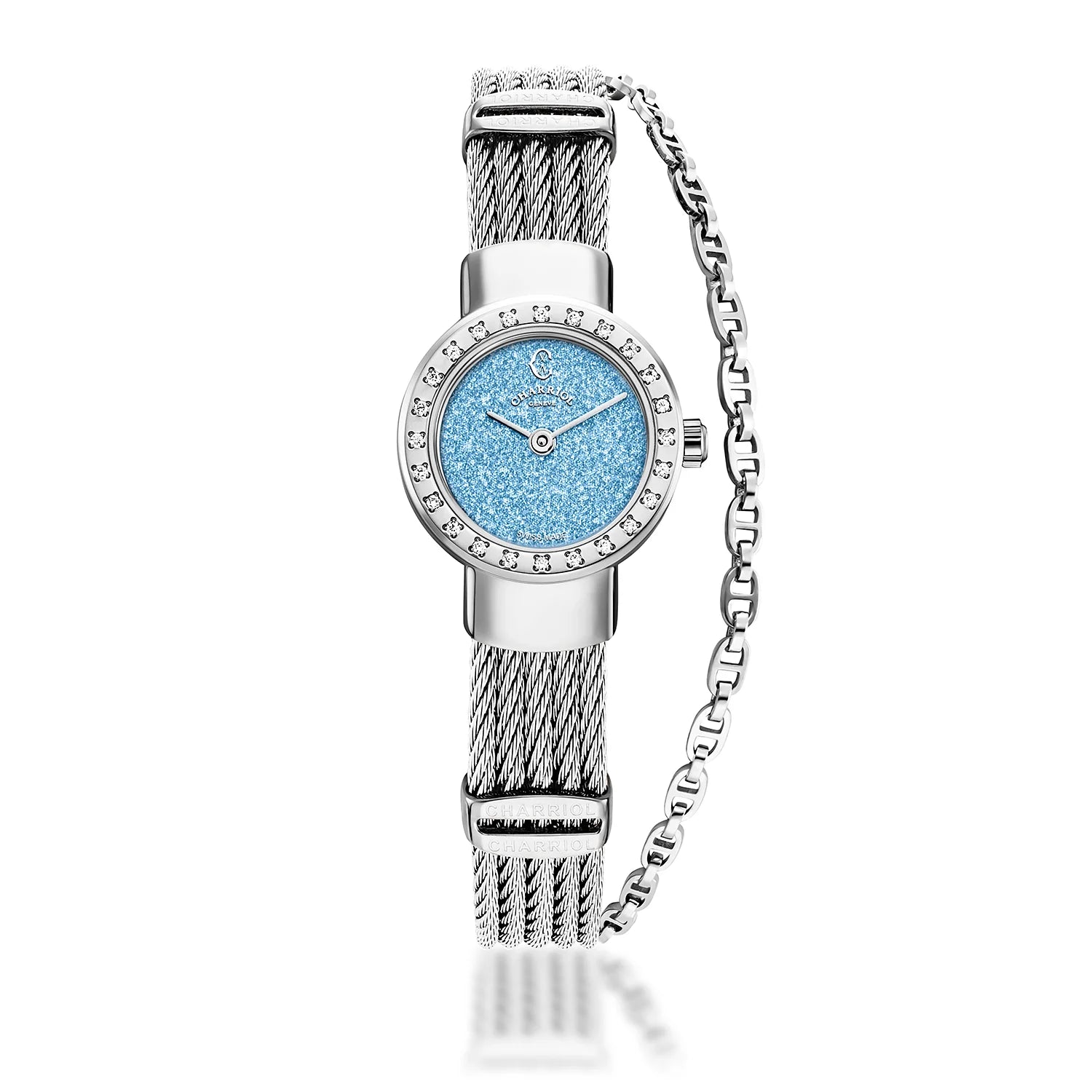 ST TROPEZ GLITTERS, 20MM, CALIBRE CUARZO, DIAL AZUL GLITTER , 24 DIAMANTES BEZEL, PULSERA DE CABLE DE ACERO - Charriol Geneve - Relojes