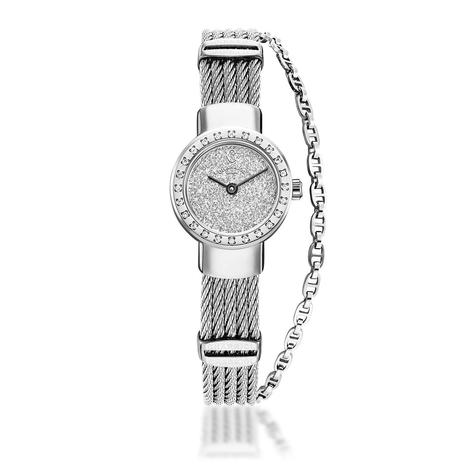 ST TROPEZ GLITTERS, 20MM, CALIBRE CUARZO, BLANCO GLITTER DIAL, ACERO CON 24 DIAMANTES BEZEL, ACERO PULSERA DE CABLE - Charriol Geneve - Watch