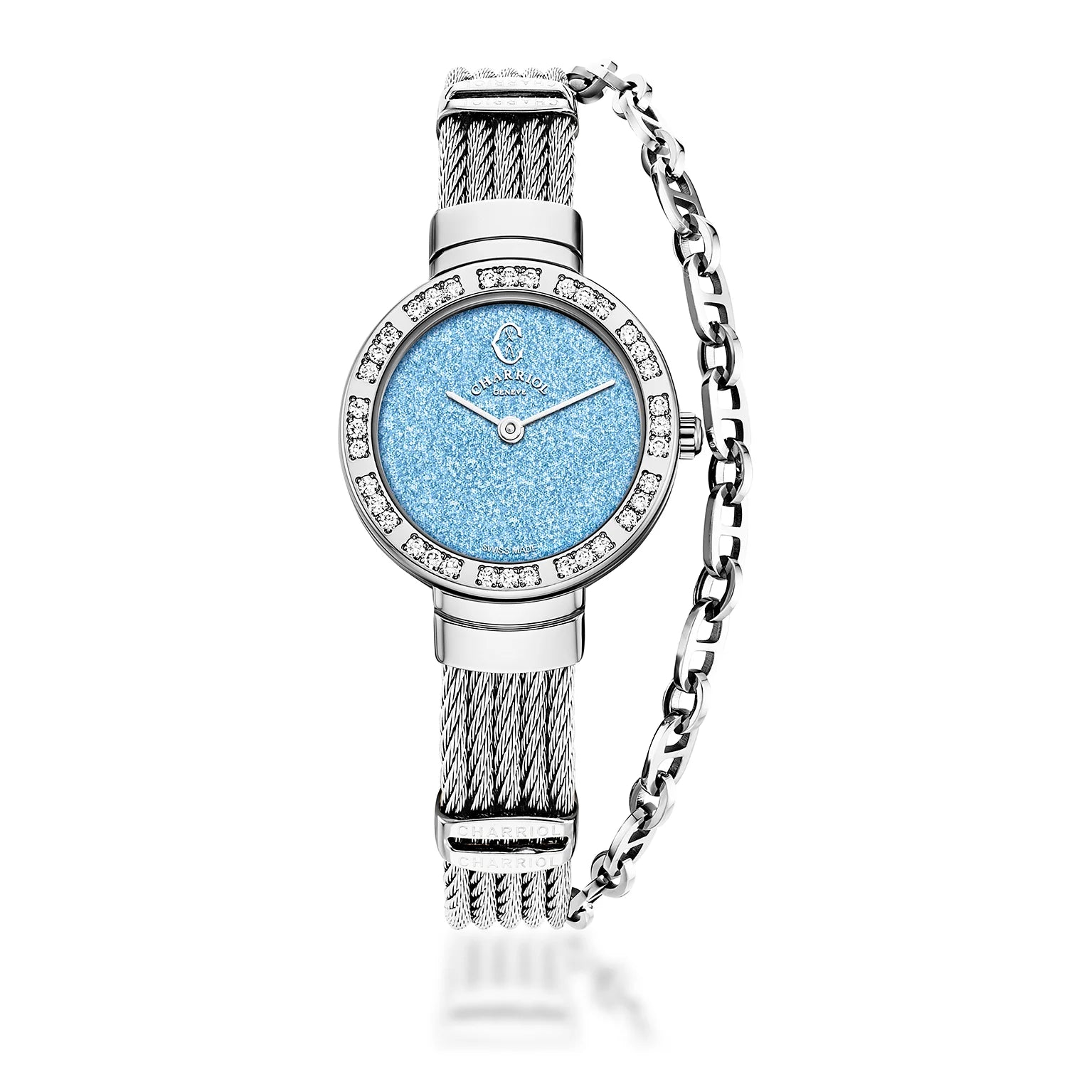 ST TROPEZ GLITTERS, 30MM, CALIBRE CUARZO, DIAL AZUL GLITTER , 36 DIAMANTES BEZEL, PULSERA CABLE ACERO - Charriol Geneve - Relojes