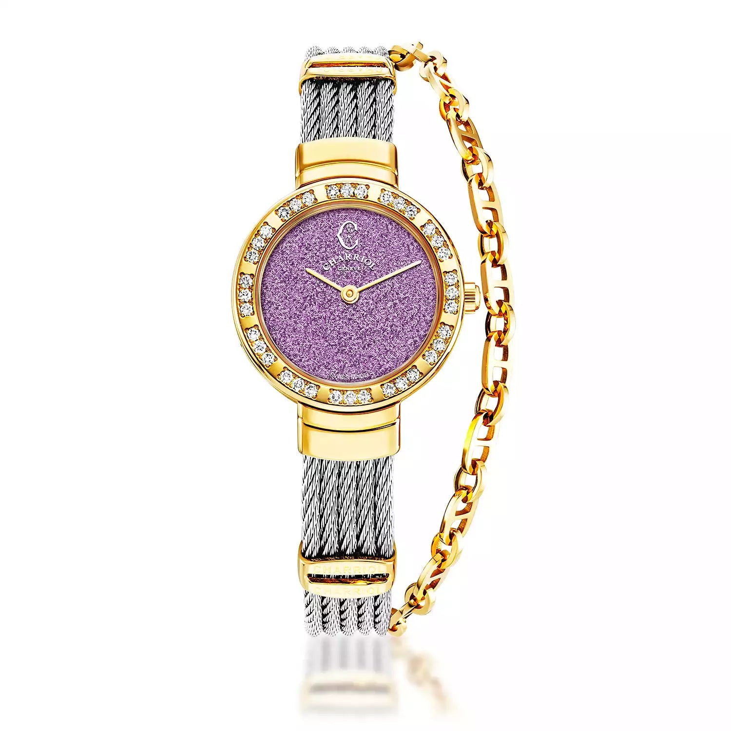 ST TROPEZ GLITTERS, 25MM, CALIBRE CUARZO, MORADO GLITTER DIAL, ORO AMARILLO PVD CON 36 DIAMANTES BEZEL, PULSERA DE ACERO - Charriol Geneve - Watch