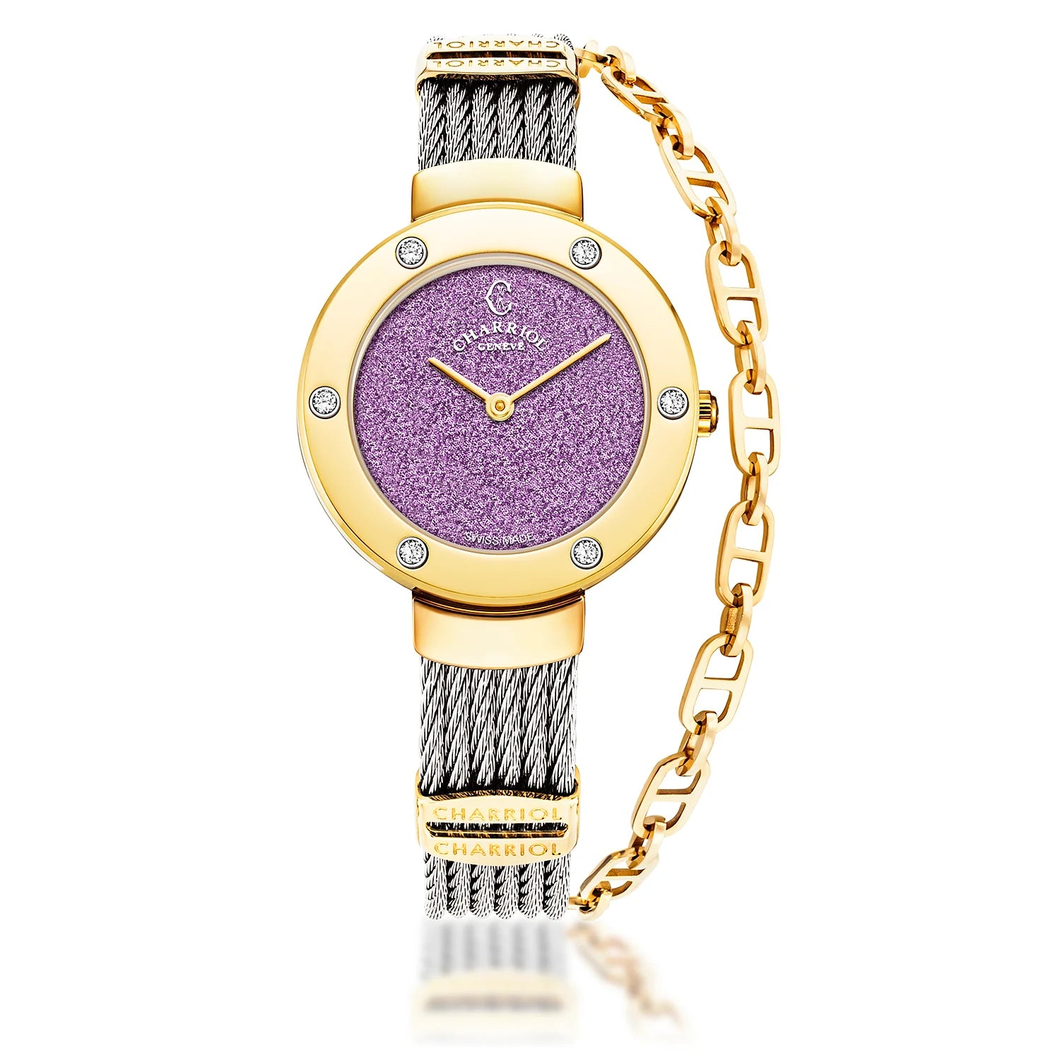 ST TROPEZ GLITTERS, 30MM, MORADO GLITTER DIAL, ORO AMARILLO PVD CON 6 DIAMANTES BEZEL, PULSERA DE CABLE DE ACERO - Charriol Geneve - Watch