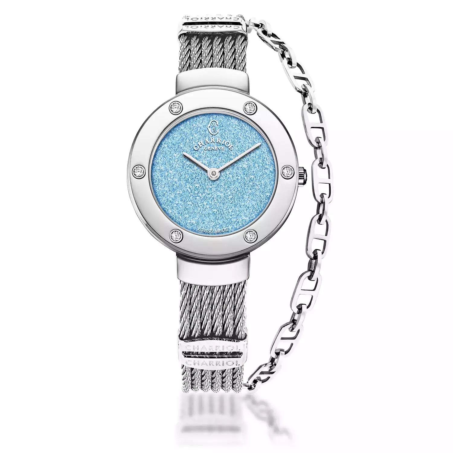 ST TROPEZ GLITTERS, 30MM, CALIBRE CUARZO, AZUL GLITTER DIAL, ACERO CON 6 DIAMANTES BEZEL, ACERO PULSERA DE CABLE - Charriol Geneve - Watch