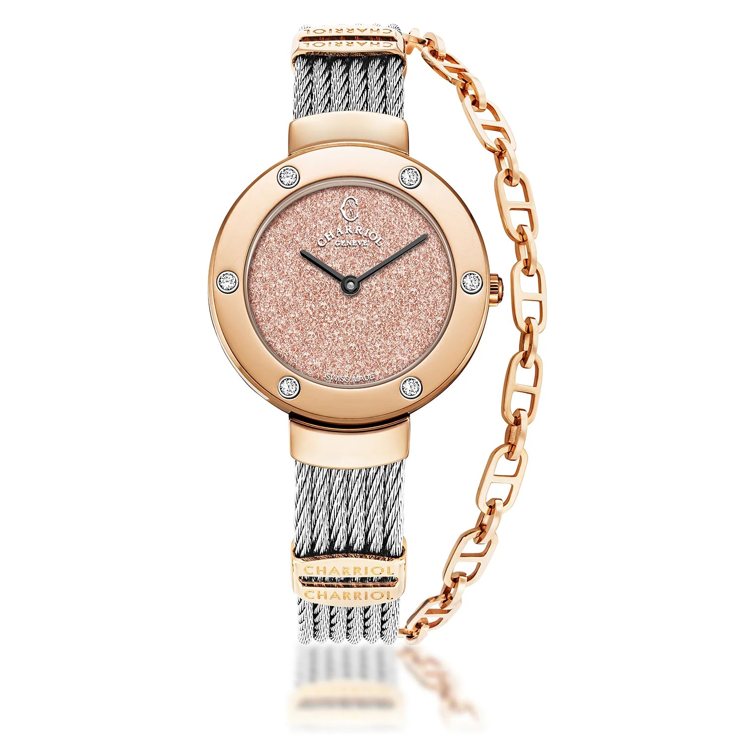 ST TROPEZ GLITTERS, 30MM, CALIBRE CUARZO, SALMON GLITTER DIAL, ORO ROSA PVD CON 6 DIAMANTES BEZEL, PULSERA CABLE ACERO - Charriol Geneve - Watch