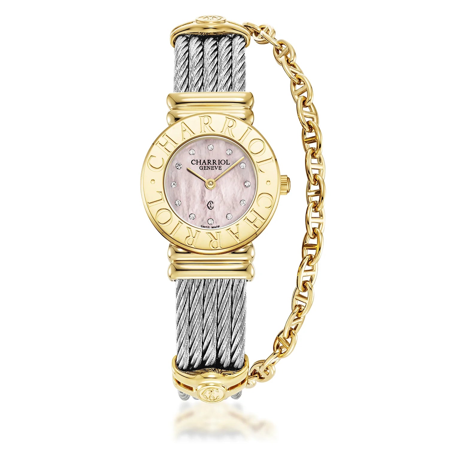 St Tropez Reloj Icon 24.5mm Oro Amarillo PVD, Cable Acero, Charriol Bisel y 12 Diamantes Esfera Rosa MOP - Charriol Geneve - Reloj