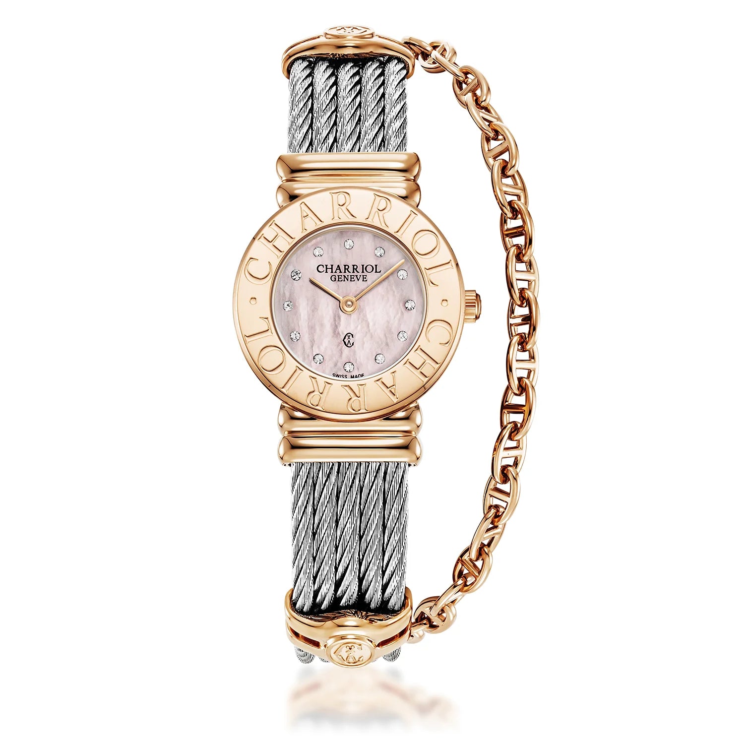 St Tropez Reloj Icon 24.5mm PVD Oro Rosa, Cable Acero, Charriol Bisel y 12 Diamantes Esfera MOP Rosa - Charriol Geneve - Relojes