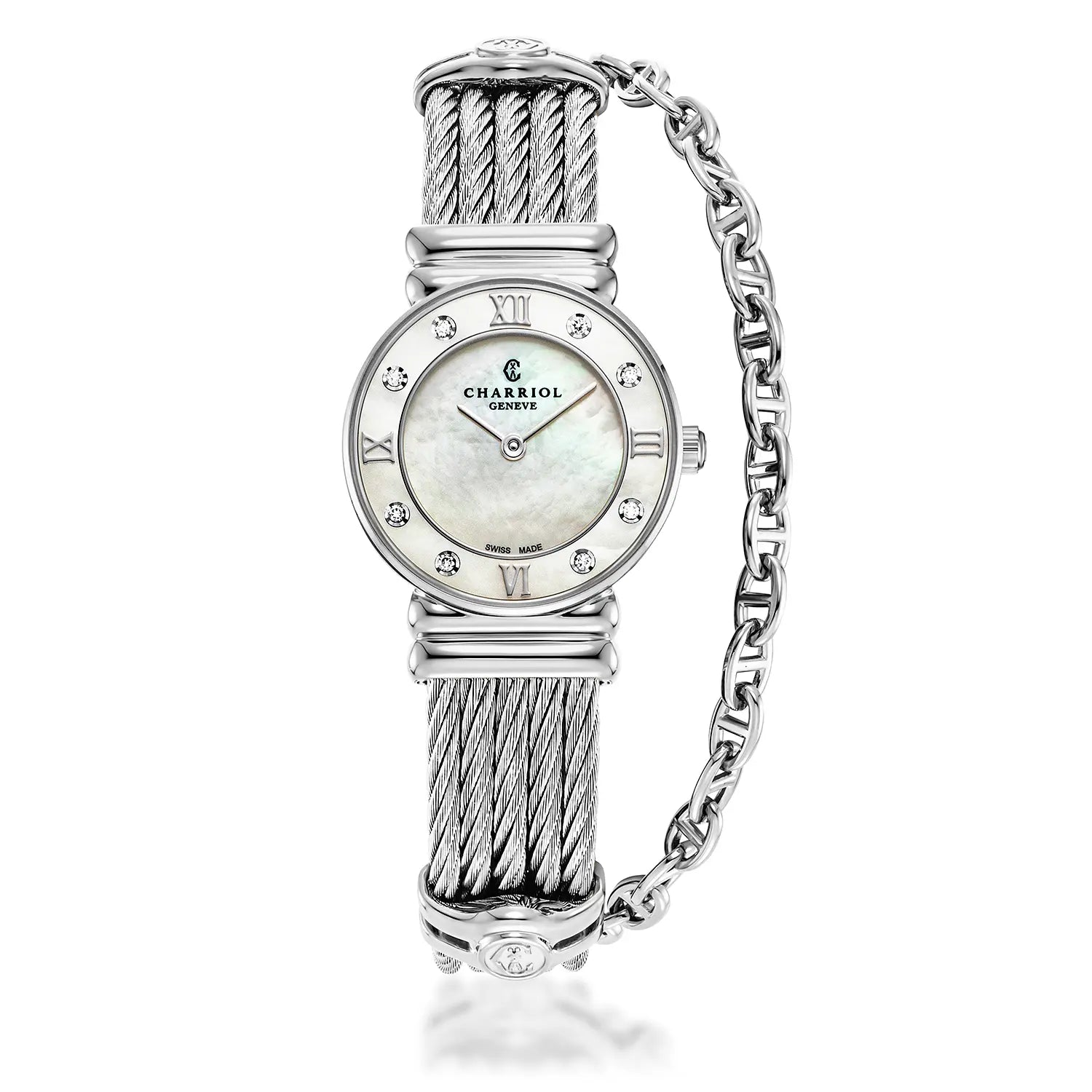 St Tropez Reloj Icon 24.5mm Acero Inoxidable, Cable Acero, Bisel 8 Diamantes y Esfera Blanca MOP - Charriol Geneve - Relojes