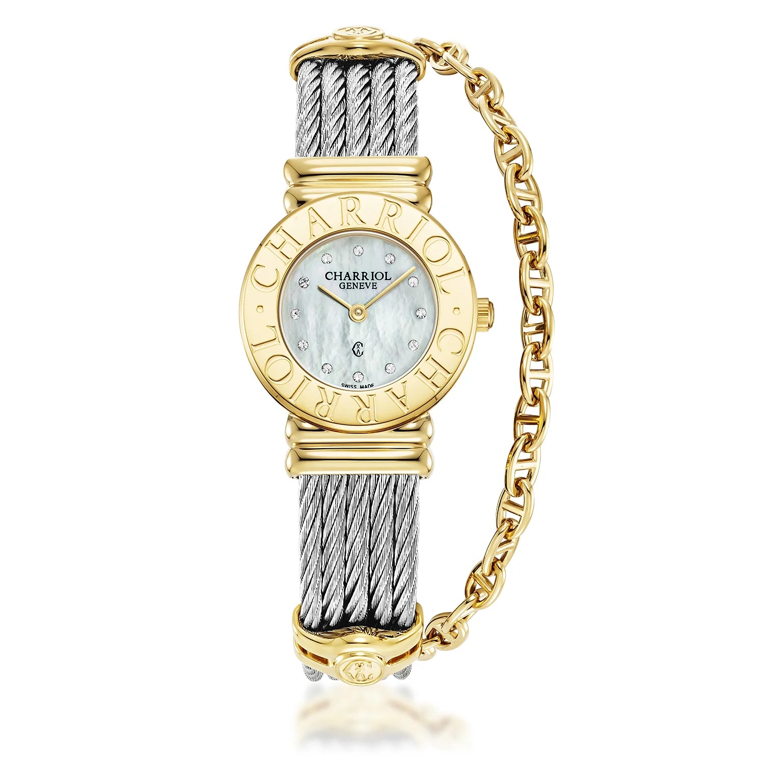 St Tropez Reloj Icon 24.5mm Oro Amarillo, Cable de Acero, Charriol Bisel y 12 Diamantes Esfera MOP Blanca - Charriol Geneve - Reloj