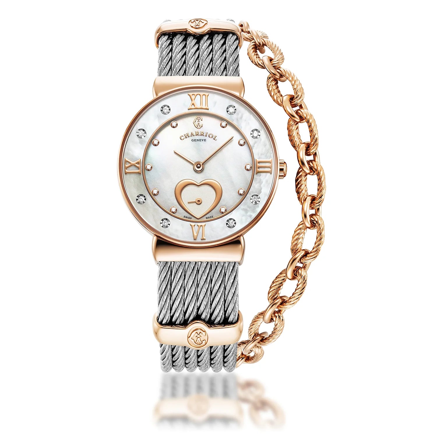 ST TROPEZ ICON, 30MM, CALIBRE CUARZO, ESFERA CORAZÓN MADRE DE PERLA, BISEL DE MADRE DE PERLA CON 8 DIAMANTES, PULSERA DE CABLE DE ACERO - Charriol Geneve - Watch