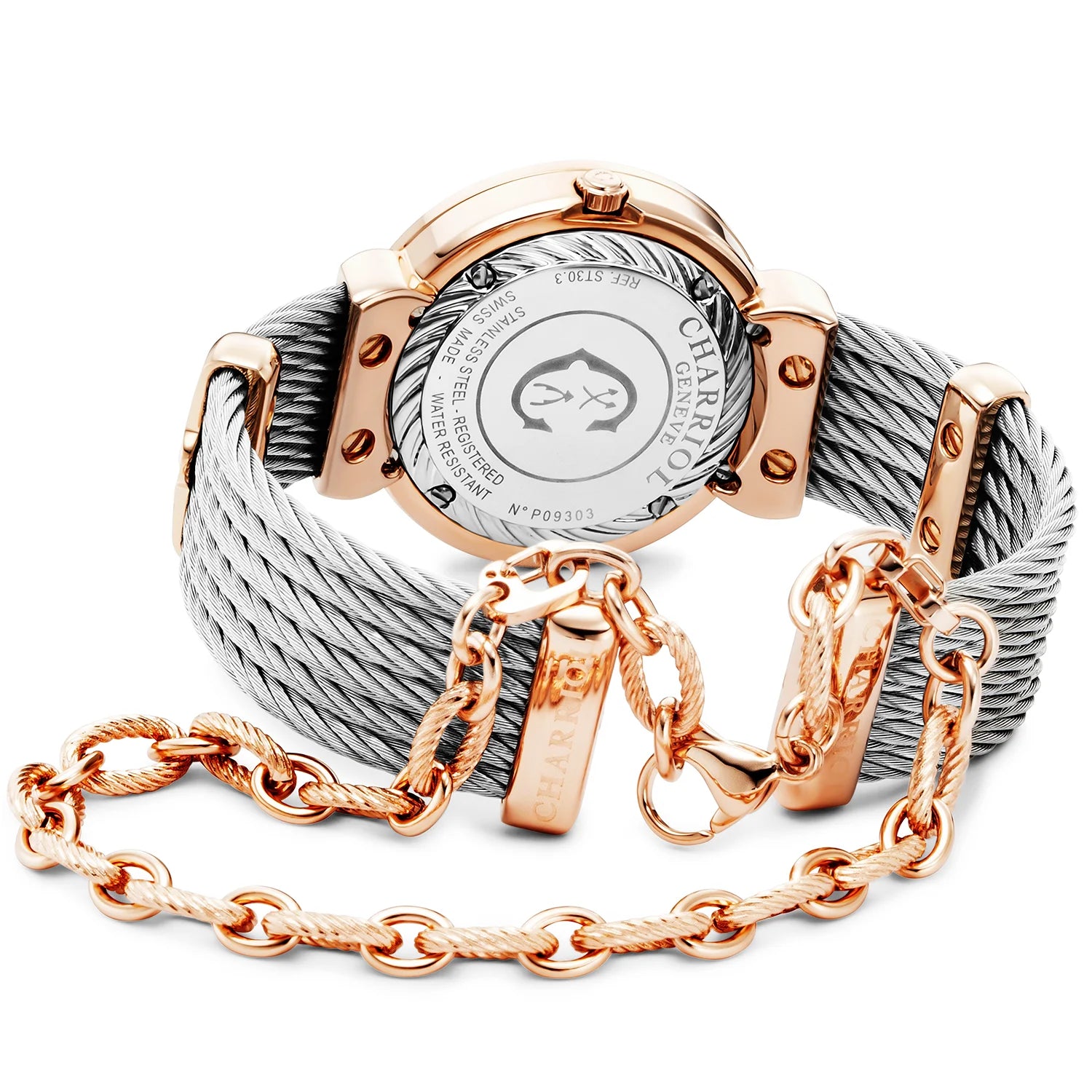 ST TROPEZ ICON, 30MM, CALIBRE CUARZO, ESFERA CORAZÓN MADRE DE PERLA, BISEL DE MADRE DE PERLA CON 8 DIAMANTES, PULSERA DE CABLE DE ACERO - Charriol Geneve - Watch