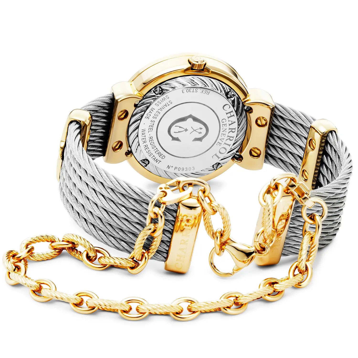 ST TROPEZ ICON, 30MM, CALIBRE CUARZO, DIAL HIBISCO MADREPERLA, BISEL DE MADREPERLA CON 8 DIAMANTES, PULSERA DE CABLE DE ACERO - Charriol Geneve - Relojes