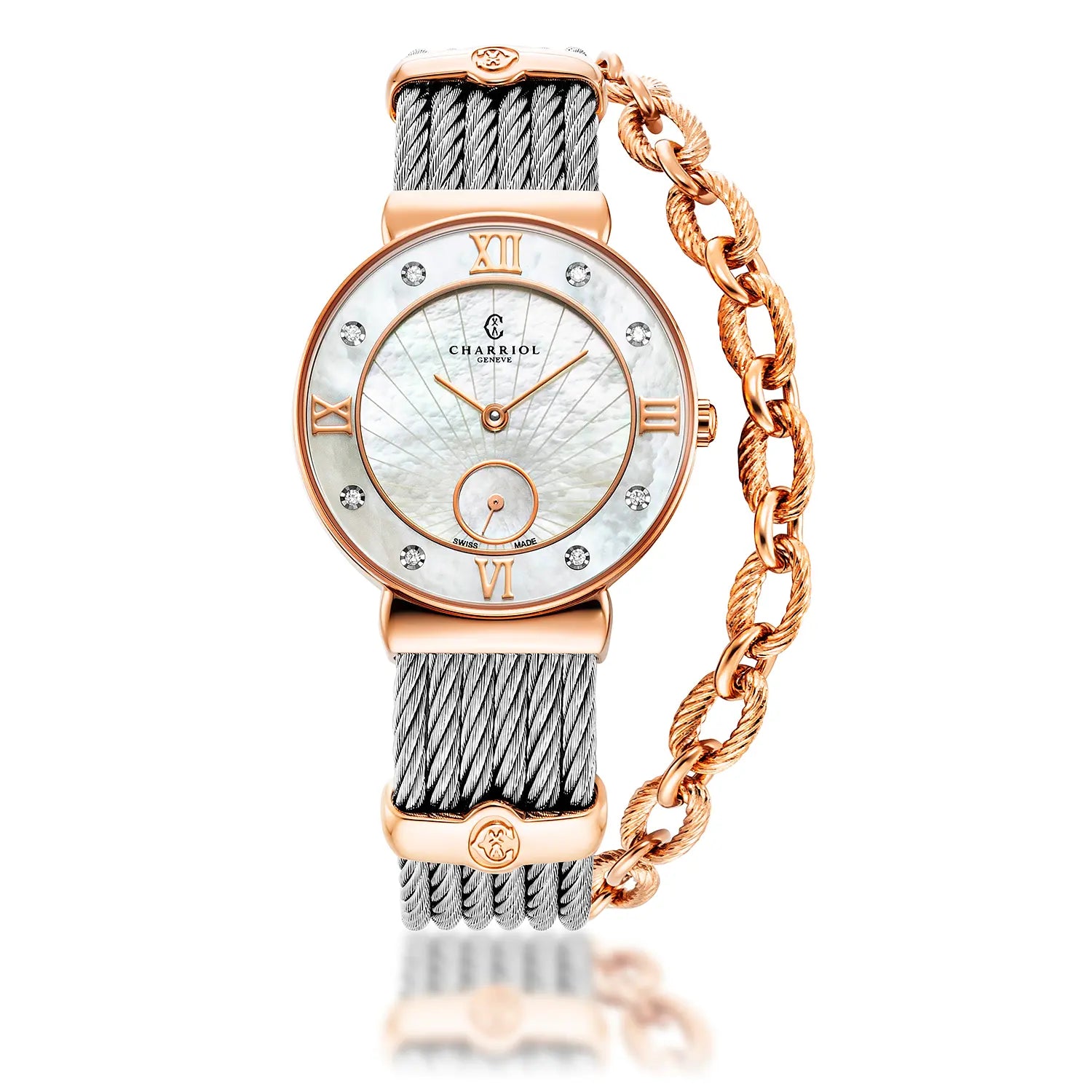 ST TROPEZ ICON, 30MM, CALIBRE CUARZO, ESFERA MADRE DE PERLA BRILLO SOLEADO, BISEL DE MADRE DE PERLA CON 8 DIAMANTES, PULSERA DE CABLE DE ACERO - Charriol Geneve - Relojes