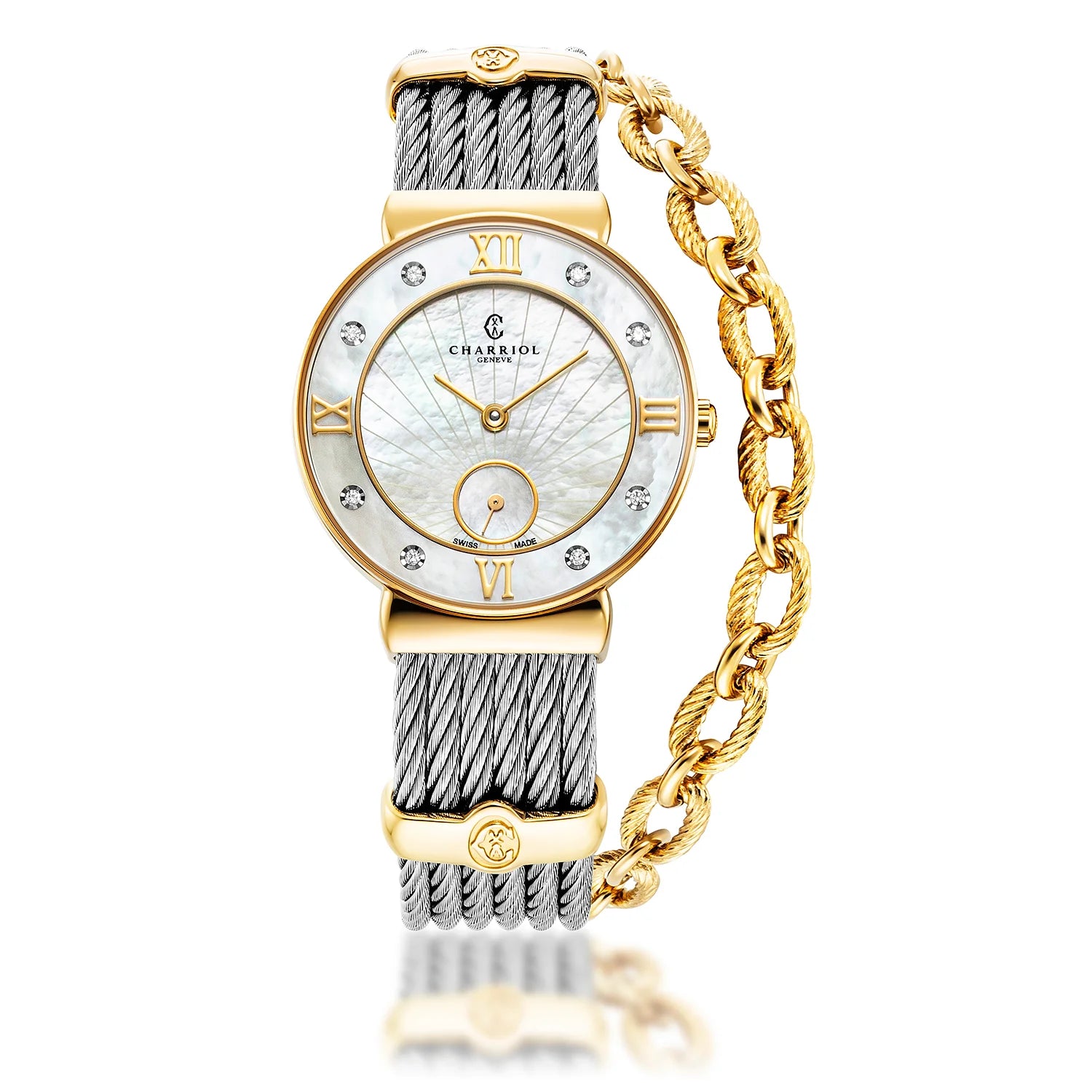 ST TROPEZ ICON, 30MM, CALIBRE CUARZO, ESFERA MADRE DE PERLA BRILLO SOLEADO, BISEL DE MADRE DE PERLA CON 8 DIAMANTES, PULSERA DE CABLE DE ACERO - Charriol Geneve - Relojes