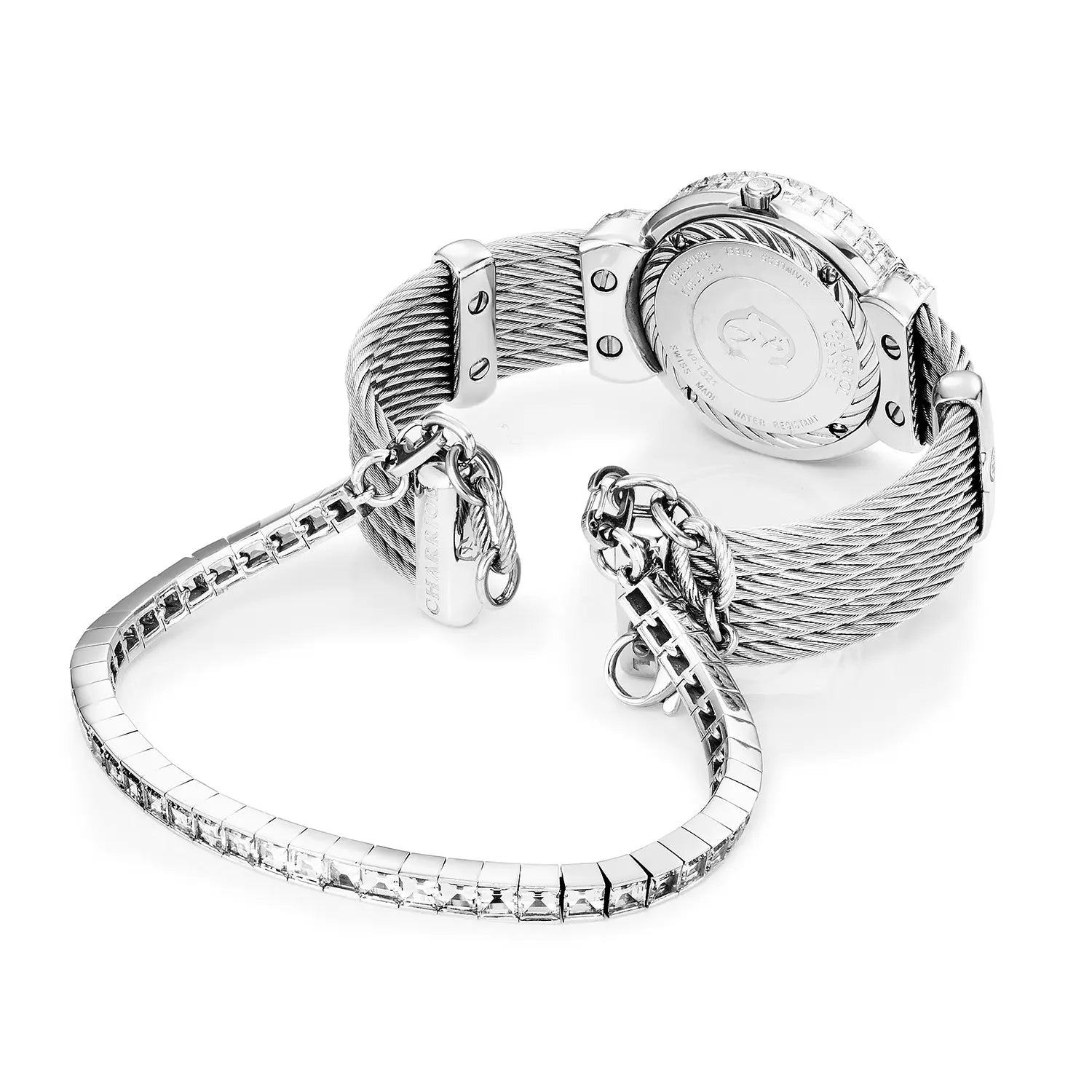ST TROPEZ ICON, 30MM, CUARZO CALIBRE, MADRE DE PERLA CON 11 DIAMANTES BAGUETTES, DIAMANTES BAGUETTES BEZEL, CABLE DE ACERO CON DIAMANTES BAGUETTES PULSERA - Charriol Geneve - Relojeria