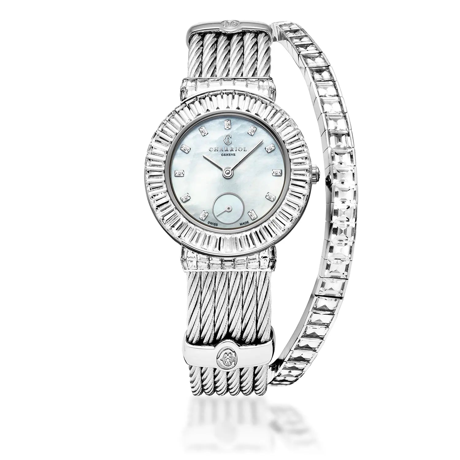 ST TROPEZ ICON, 30MM, CUARZO CALIBRE, MADRE DE PERLA CON 11 DIAMANTES BAGUETTES, DIAMANTES BAGUETTES BEZEL, CABLE DE ACERO CON DIAMANTES BAGUETTES PULSERA - Charriol Geneve - Relojeria