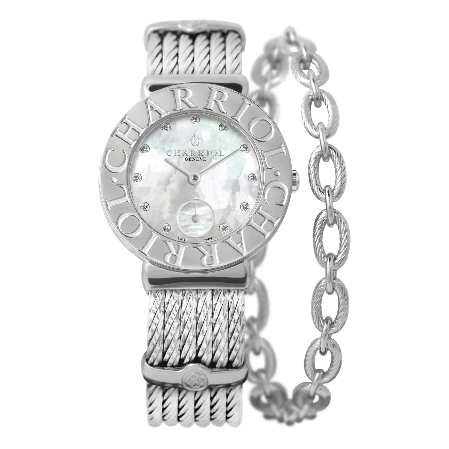 ST TROPEZ ICON, 30MM, CUARZO CALIBRE, PERLA CON 11 DIAMANTES DIAL, "CHARRIOL CHARRIOL " BEZEL, PULSERA DE CABLE DE ACERO - Charriol Geneve - Relojes