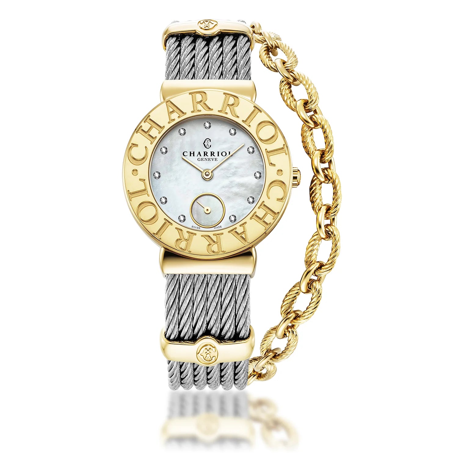 ST TROPEZ ICON, 30MM, QUARTZ CALIBRE, MOTHER-OF-PEARL WITH 11 DIAMONDS DIAL, STEEL YELLOW GOLD PVD "CHARRIOL CHARRIOL" BEZEL, STEEL CABLE BRACELET & YELLOW GOLD PVD DECORS - ©2026 Philippe Charriol International Ltd. -  Watch