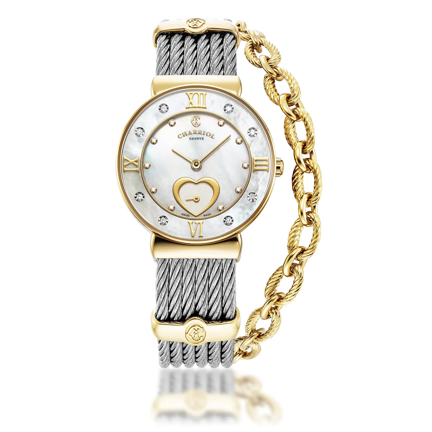 ST TROPEZ ICON, 30MM, CALIBRE CUARZO, ESFERA CORAZÓN MADRE DE PERLA, BISEL DE MADRE DE PERLA CON 8 DIAMANTES, PULSERA DE CABLE DE ACERO - Charriol Geneve - Watch