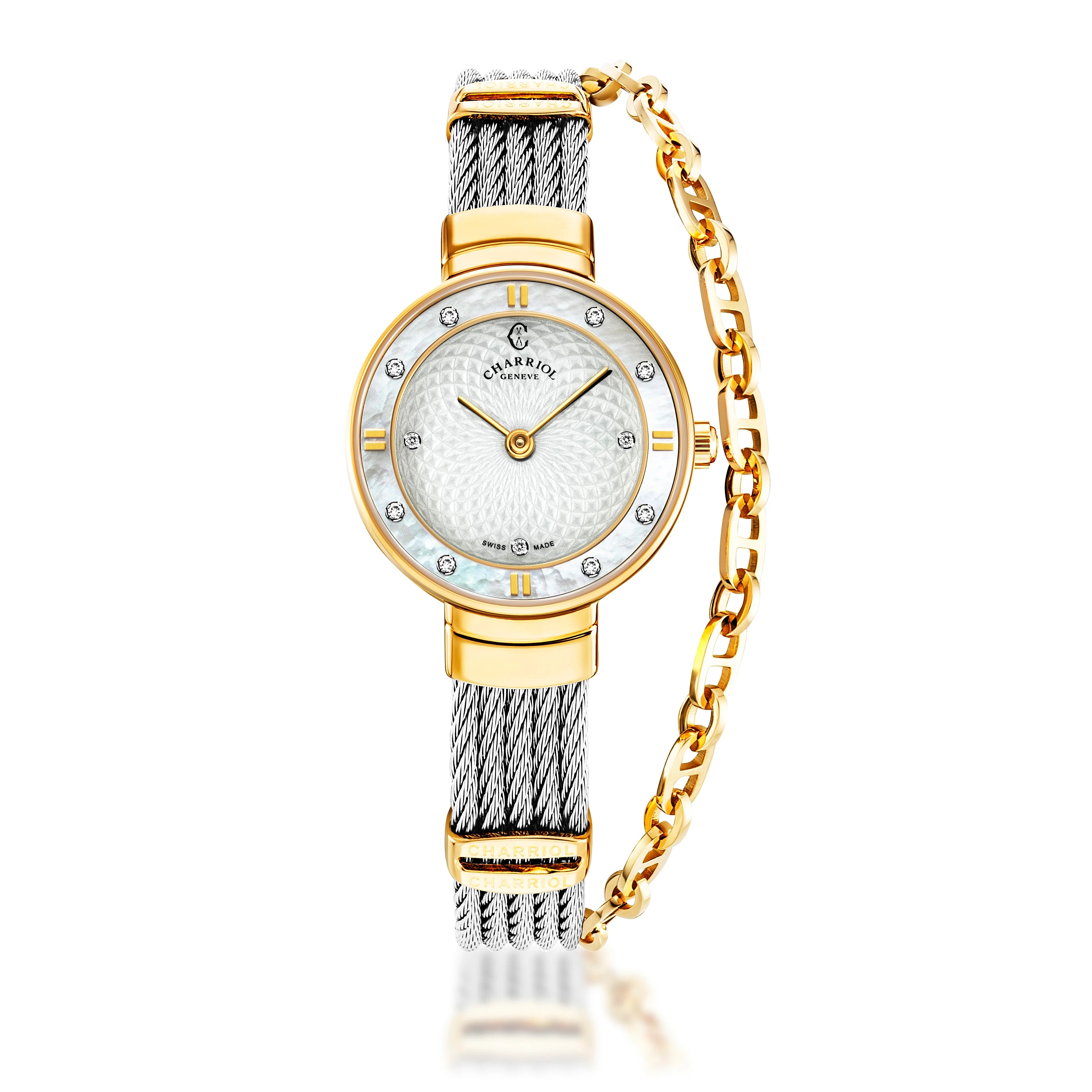 ST-TROPEZ® GUILLOCHE, 25MM, WHITE MOTHER-OF-PEARL WITH ROMAN NUMERAL & 8 DIAMONDS BEZEL, WHITE GUILLOCHE MOTHER-OF-PEARL WITH 10 DIAMONDS DIAL, STEEL CABLE WITH YELLOW GOLD PVD DECORS BRACELET - ©2025 Philippe Charriol International Ltd. -  Watch