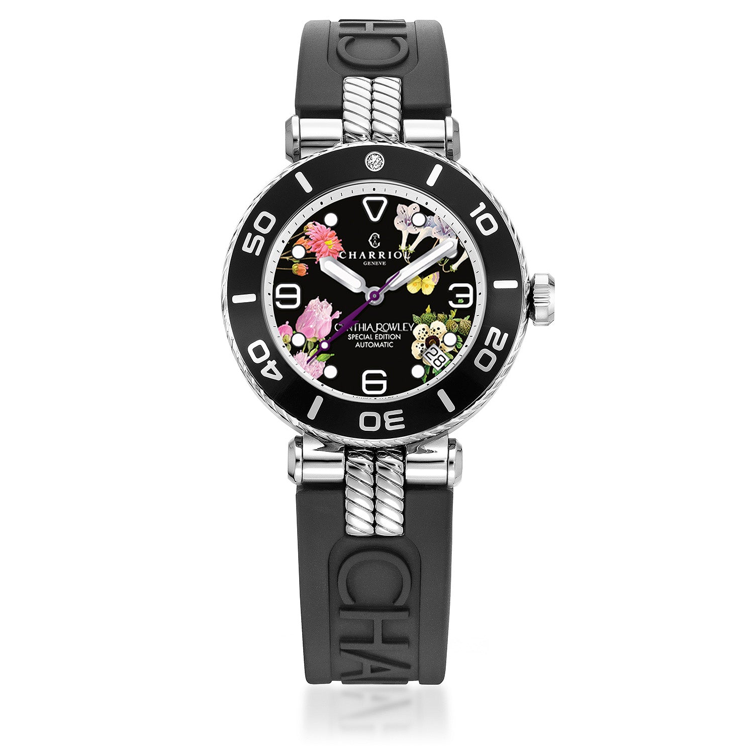 NAVIGATOR SURF, 36MM, CALIBRE AUTOMÁTICO, ESFERA FLOR NEGRA, BISEL NEGRO CON 1 DIAMANTE, PULSERA INTERCAMBIABLE DE GOMA NEGRA - © 2024 Charriol - Watch