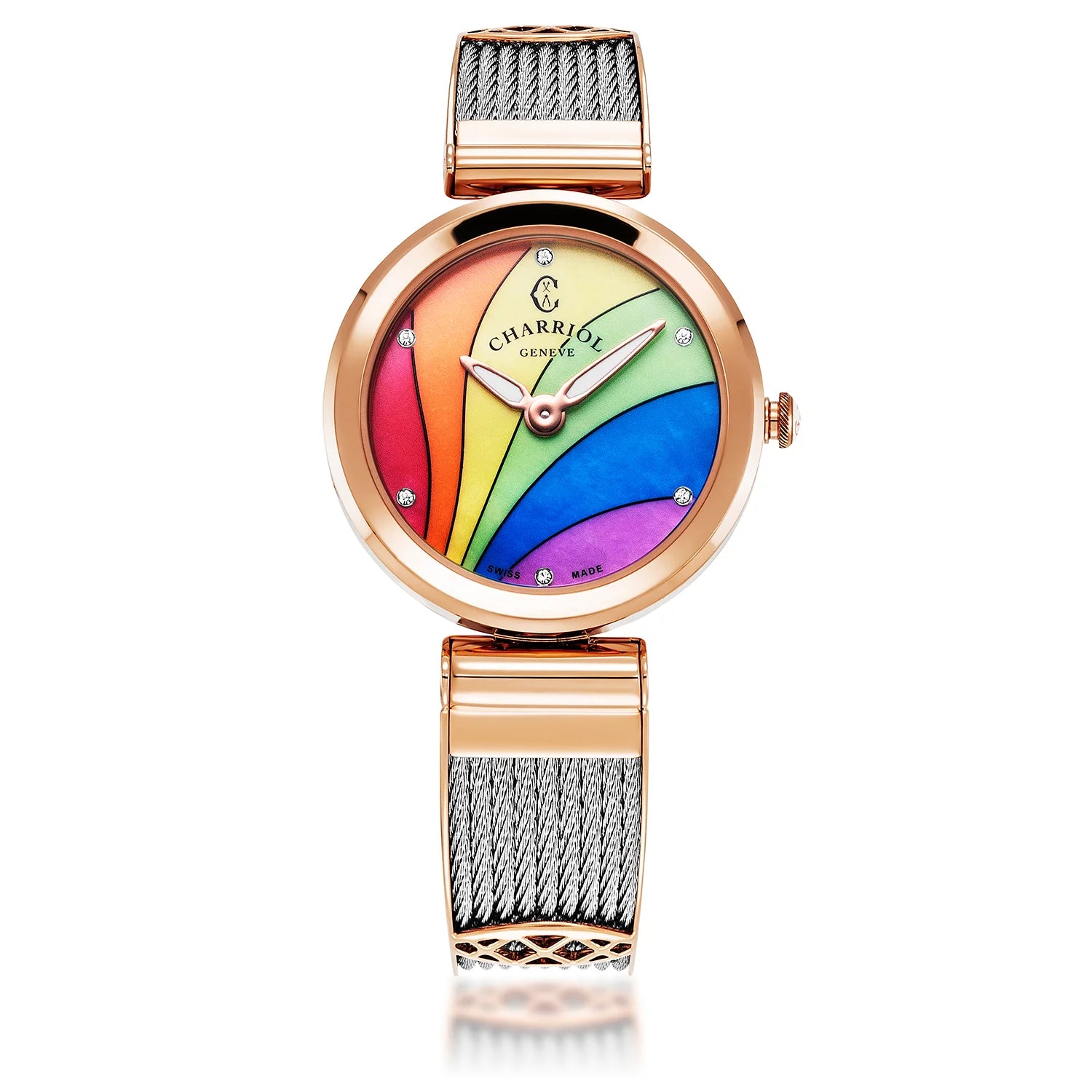 FOREVER, 32MM, CUARZO CALIBRE, RAINBOW CON 6 ZIRCONIAS DIAL, ACERO ORO ROSA PVD BEZEL, ACERO CABLE PULSERA - Charriol Geneve - Watch