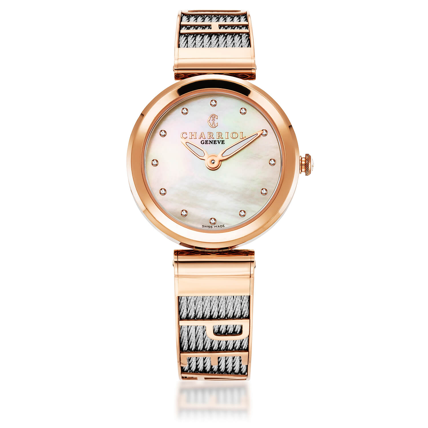 FOREVER YOURS, 32MM, CUARZO CALIBRE, PERLA MADRE CON 12 DIAMANTES DIAL, ORO ROSA PVD BEZEL, PULSERA DE ACERO - Charriol Geneve - Watch