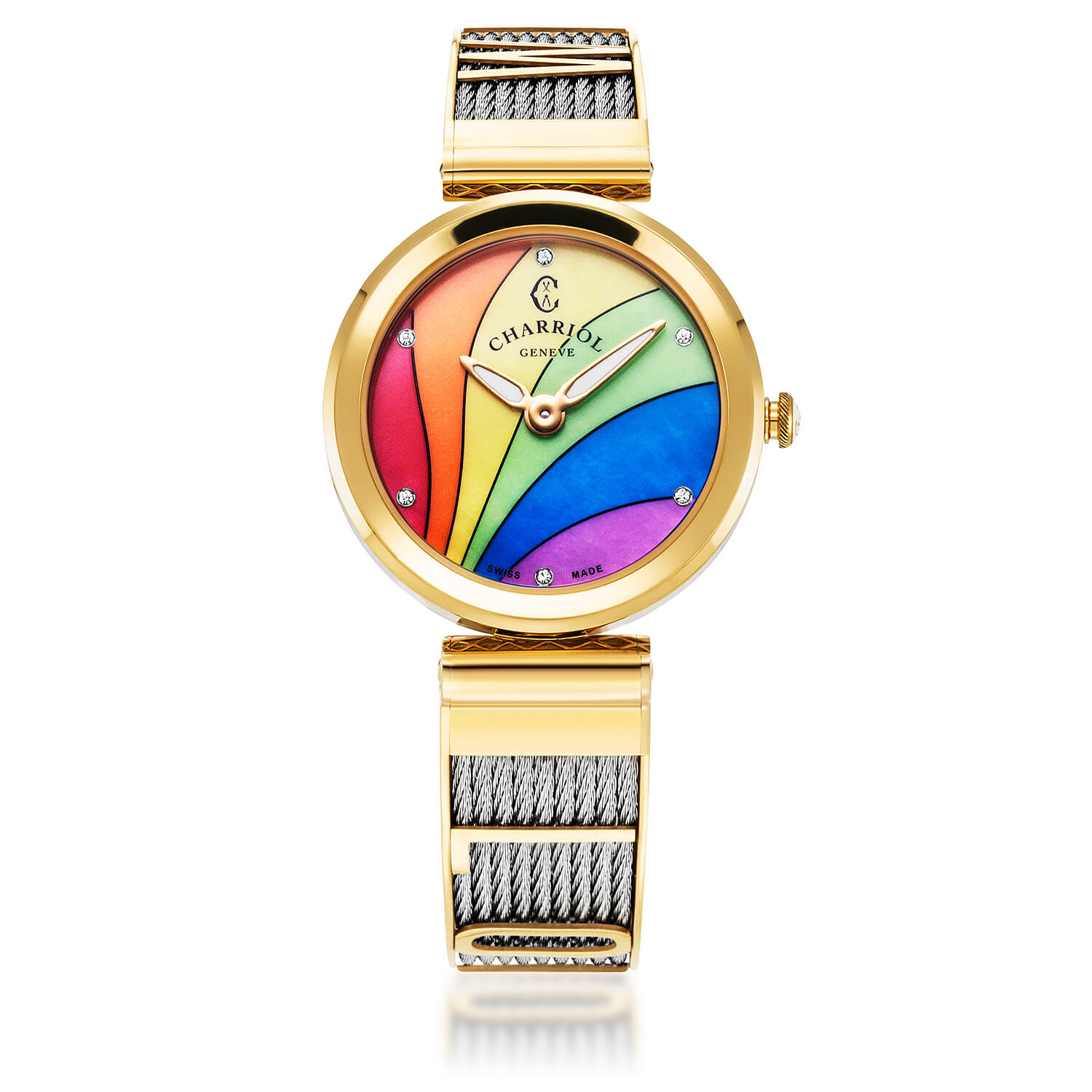 FOREVER YOURS, 32MM, QUARTZ CALIBRE, RAINBOW CON 6 ZIRCONIAS DIAL, ACERO YELLOW GOLD PVD BEZEL, ACERO CABLE BRACELET - Charriol Geneve - Relojes