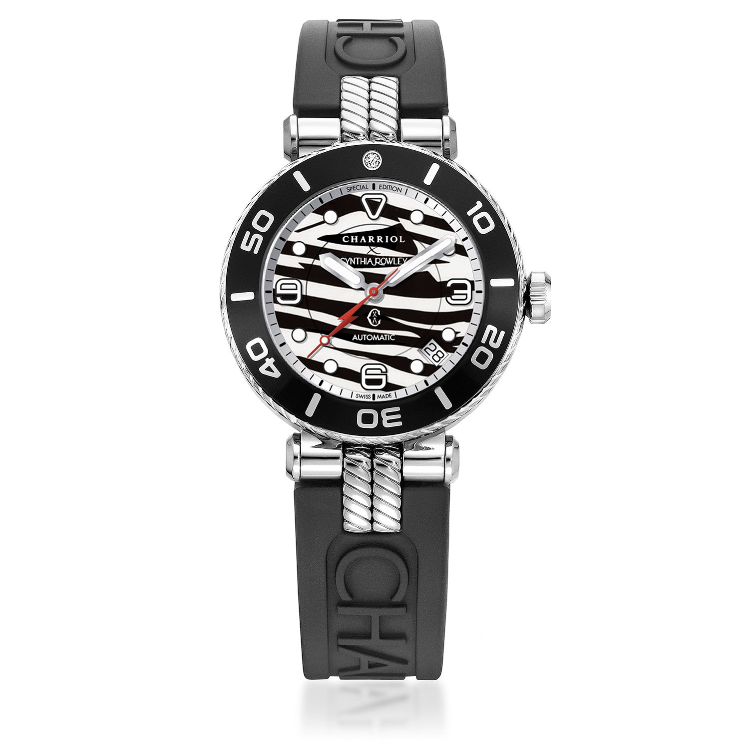 NAVIGATOR SURF, 36MM, CALIBRE AUTOMÁTICO, ESFERA TIBURÓN, NEGRO CON 1 DIAMANTE, PULSERA INTERCAMBIABLE DE GOMA NEGRA - © 2024 Charriol - Relojes