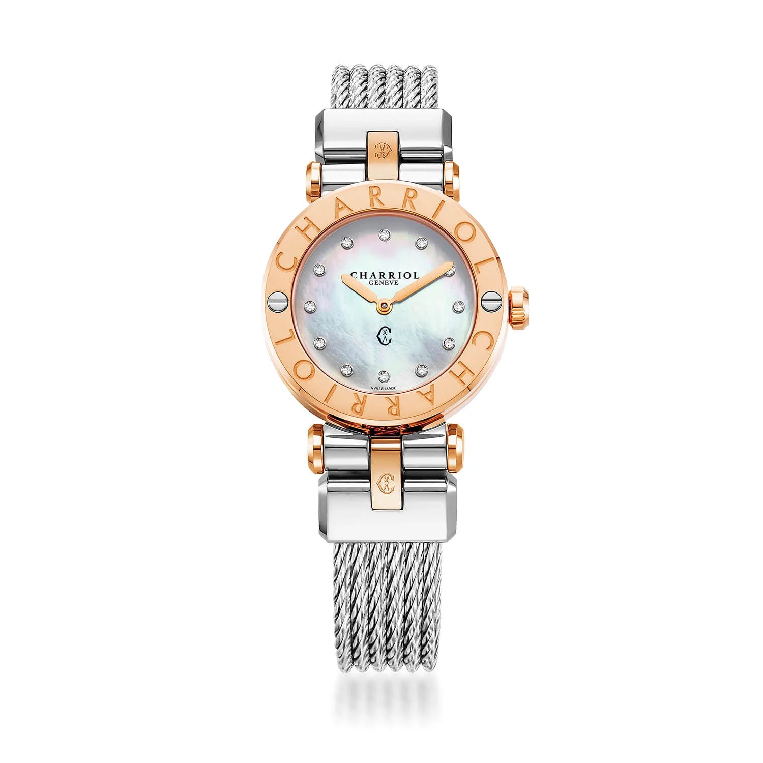 NAVIGATOR CRUISE, 28MM, CALIBRE CUARZO, PERLA BLANCA CON 12 DIAMANTES, PVD ORO ROSADO ACERO CON 2 TORNILLOS, PULSERA DE ACERO CON CABLE INTERCAMBIABLE PVD ORO ROSADO - © 2024 Charriol - Relojes