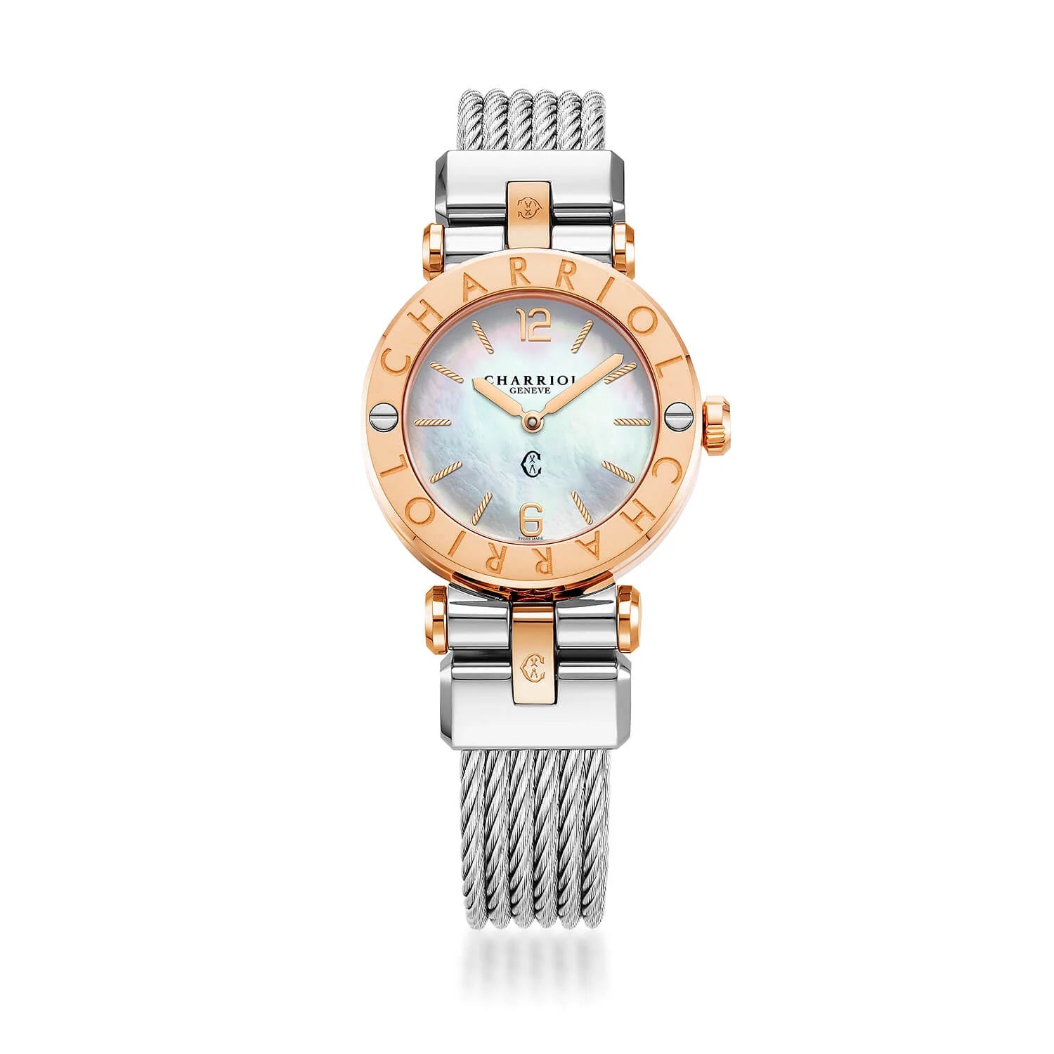 NAVIGATOR CRUISE, 28MM, CALIBRE CUARZO, MADRE PERLA BLANCA CON PVD ORO ROSA, PVD ORO ROSA ACEROCHARRIOL CHARRIOL" CON 2 TORNILLOS, PULSERA DE ACERO INTERCAMBIABLE CON PVD ORO ROSA ACERO - © 2024 Charriol - Reloj