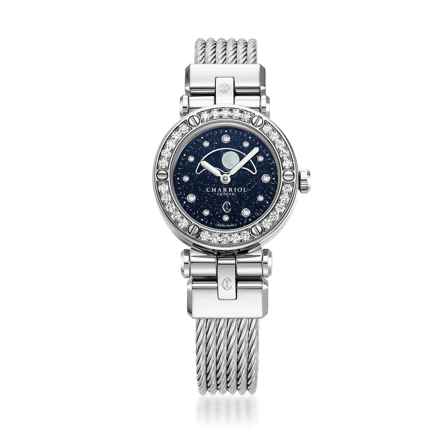 NAVIGATOR CRUISE, 28MM, CALIBRE CUARZO LUNAFASE, IMPRESO AVENTURINA CON 12 DIAMANTES DIAL, ACERO CON 30 DIAMANTES BEZEL, PULSERA DE ACERO CON CABLE INTERCAMBIABLE - © 2024 Charriol - Reloj