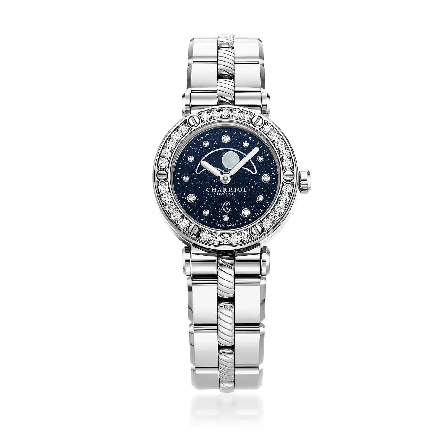 NAVIGATOR CRUISE, 28MM, CALIBRE CUARZO LUNAFASE, IMPRESO AVENTURINA CON 12 DIAMANTES DIAL, ACERO CON 30 DIAMANTES CON 6 TORNILLOS BEZEL, PULSERA DE METAL INTERCAMBIABLE - © 2024 Charriol - Reloj