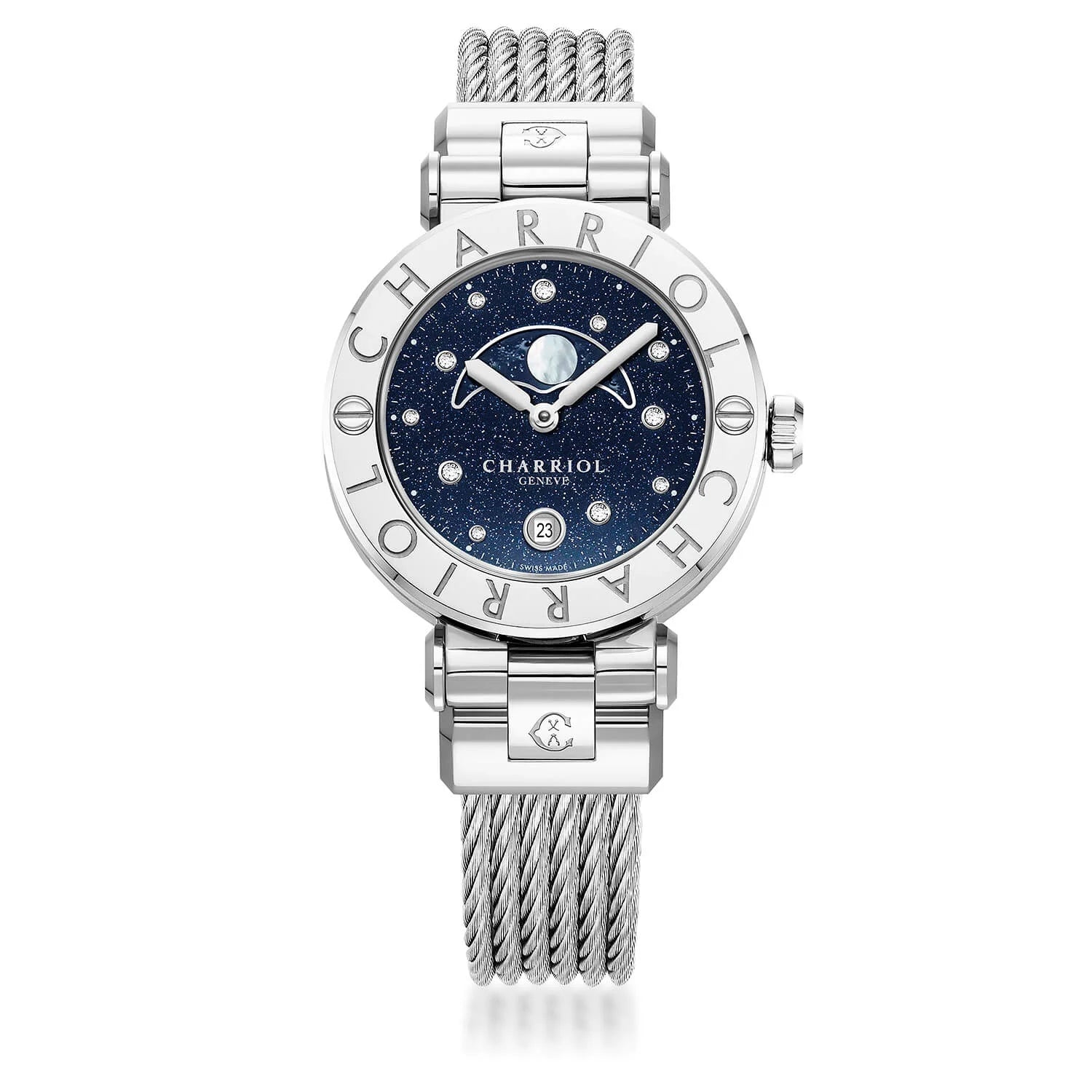 NAVIGATOR CRUISE, 36MM, CALIBRE CUARZO LUNAFASE, ESFERA AVENTURINA IMPRESA CON 11 DIAMANTES, PULSERA DE ACEROCHARRIOL CHARRIOL" CON 2 TORNILLOS, PULSERA DE ACERO CON CABLE INTERCAMBIABLE - © 2024 Charriol - Reloj