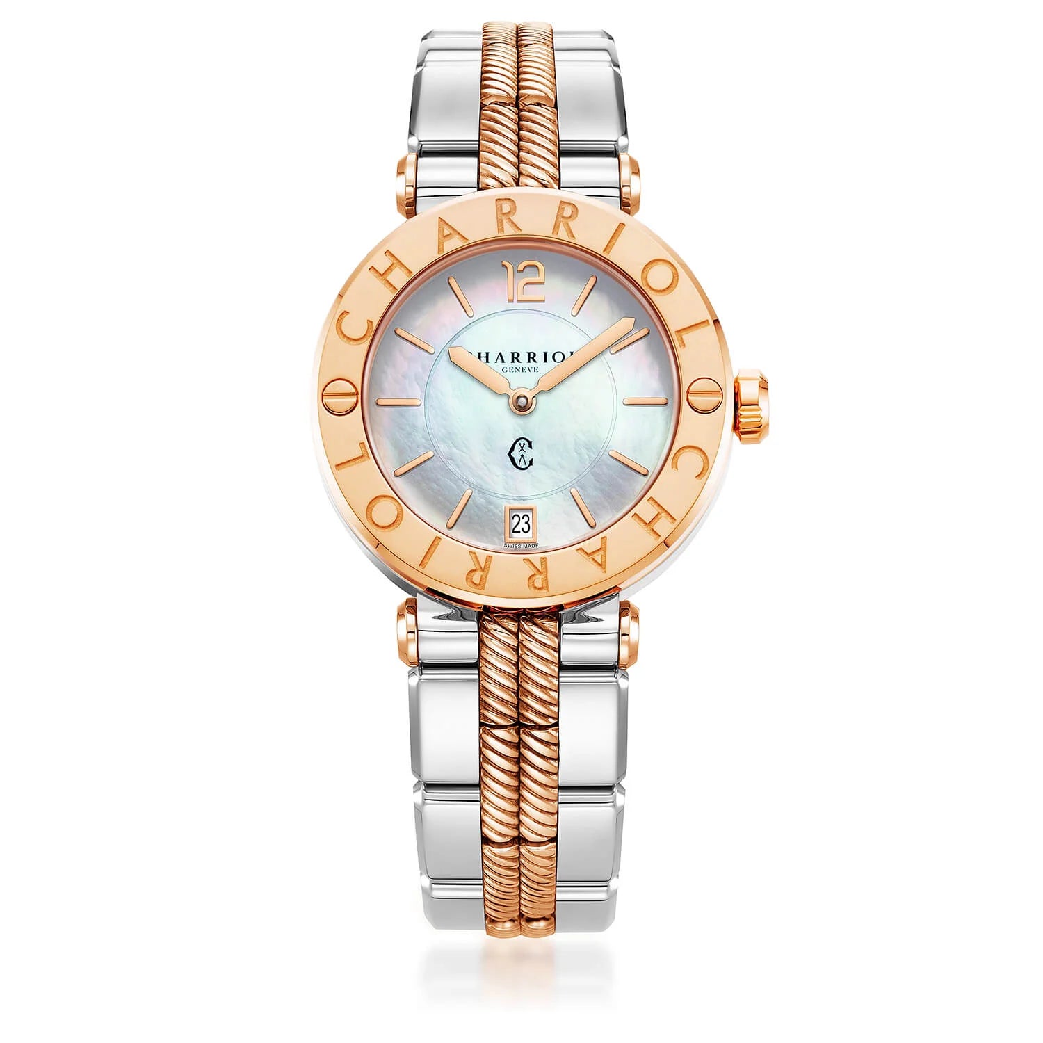 NAVIGATOR CRUISE, 36MM, CALIBRE CUARZO, BLANCO MADRE DE PERLA CON INDICE DE ORO ROSA, ACERO ORO ROSA PVDCHARRIOL CHARRIOL" CON BISEL DE 2 TORNILLOS, PULSERA INTERCAMBIABLE DE METAL BICOLOR - © 2024 Charriol - Reloj