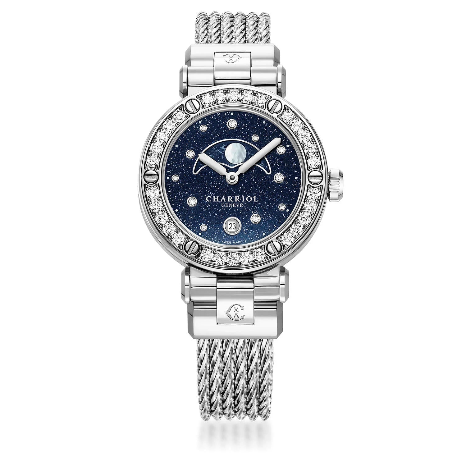 NAVIGATOR CRUISE, 36MM, CALIBRE CUARZO LUNAFASE, IMPRESO AVENTURINA CON 11 DIAMANTES DIAL, ACERO CON 30 DIAMANTES BEZEL, PULSERA DE ACERO CON CABLE INTERCAMBIABLE - © 2024 Charriol - Reloj