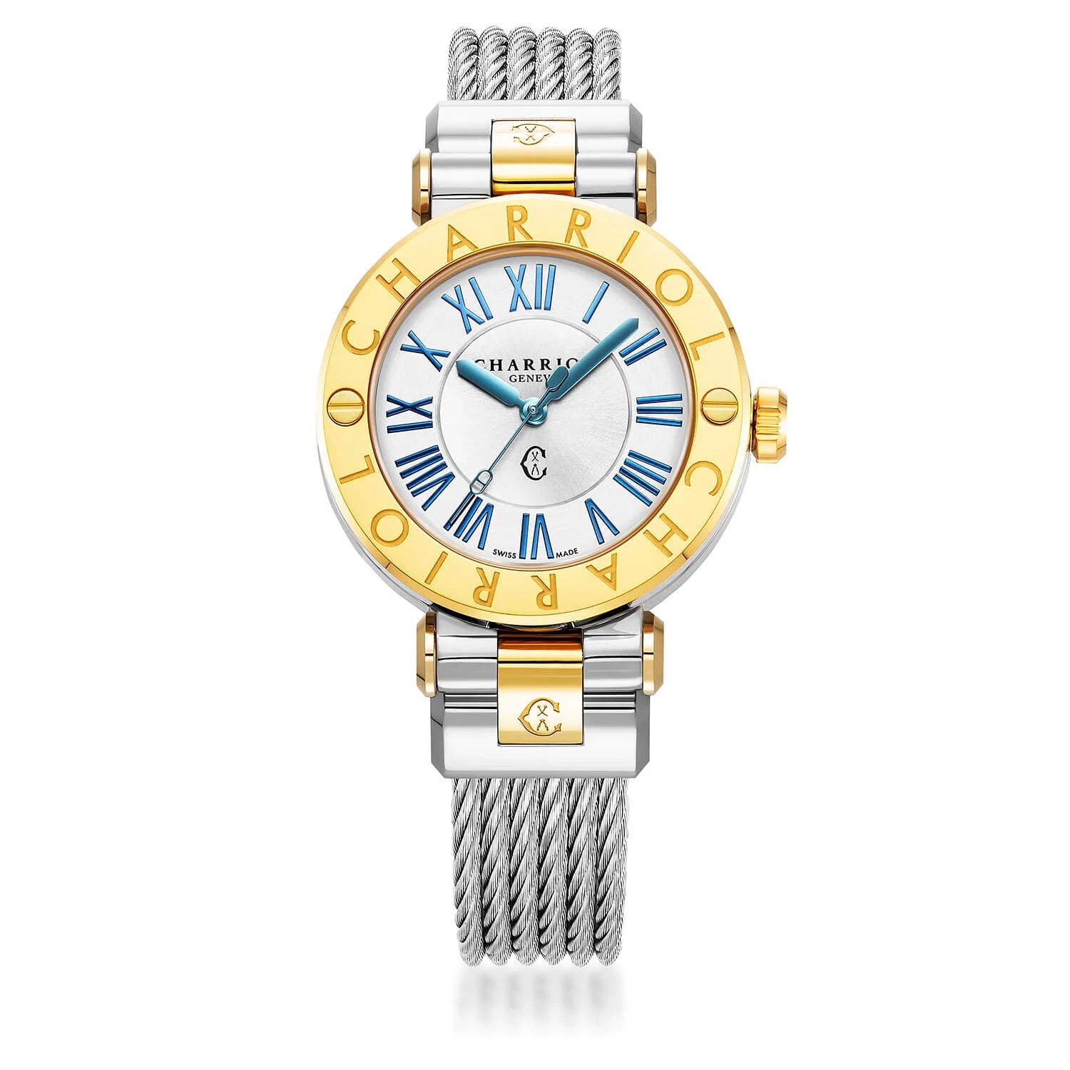 NAVIGATOR CRUISE, 36MM, QUARTZ CALIBRE, WHITE MOTHER-OF-PEARL WITH 12 ROMAN FIGURES DIAL, STEEL YELLOW GOLD PVD "CHARRIOL CHARRIOL" WITH 2 SCREWS, STEEL INTERCHANGEABLE CABLE BRACELET - © 2024 Charriol -  Watch