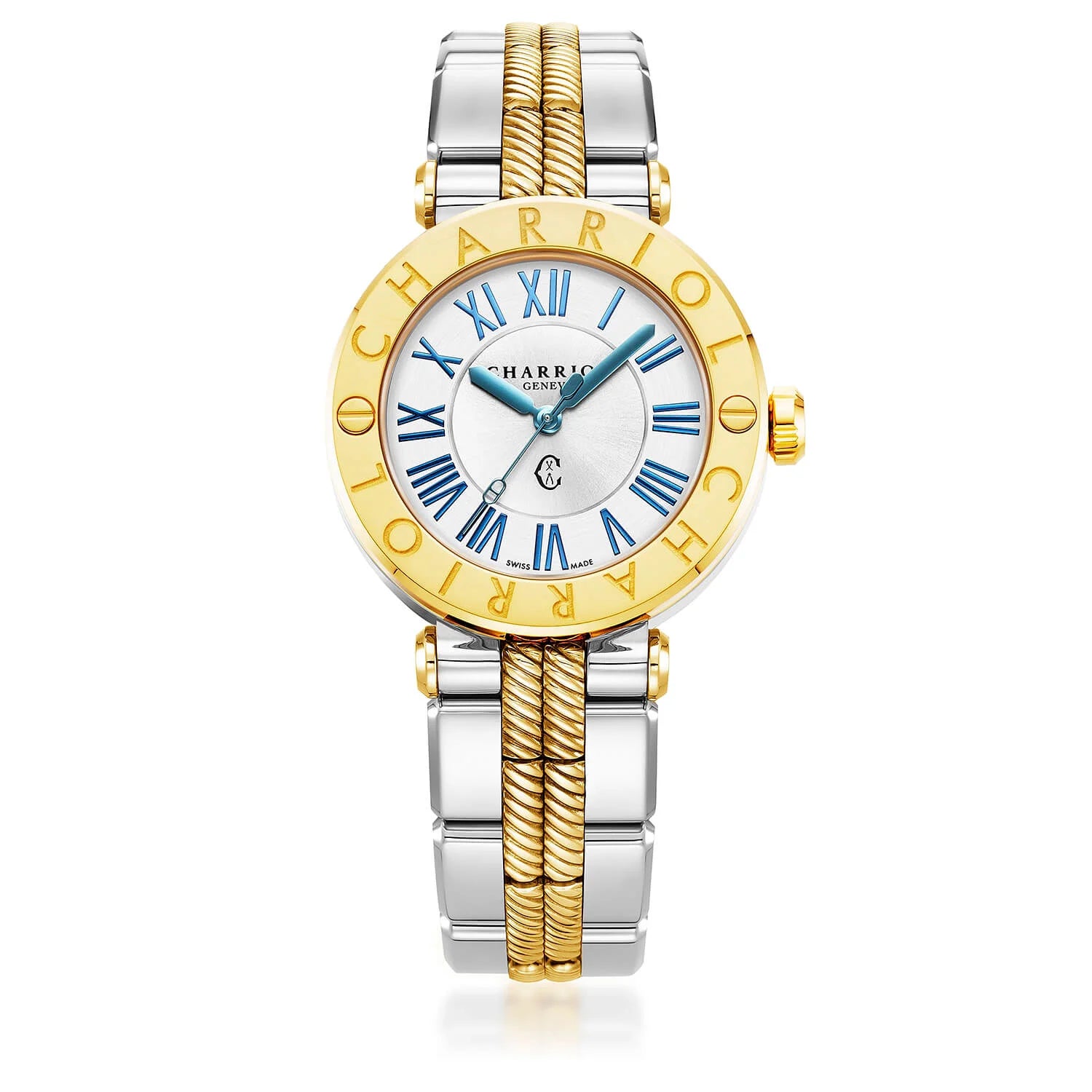 NAVIGATOR CRUISE, 36MM, QUARTZ CALIBRE, WHITE MOTHER-OF-PEARL WITH 12 ROMAN FIGURES DIAL, STEEL YELLOW GOLD PVD WITH 12 SCREWS BEZEL, METAL BICOLOR INTERCHANGEABLE BRACELET - © 2024 Charriol -  Watch