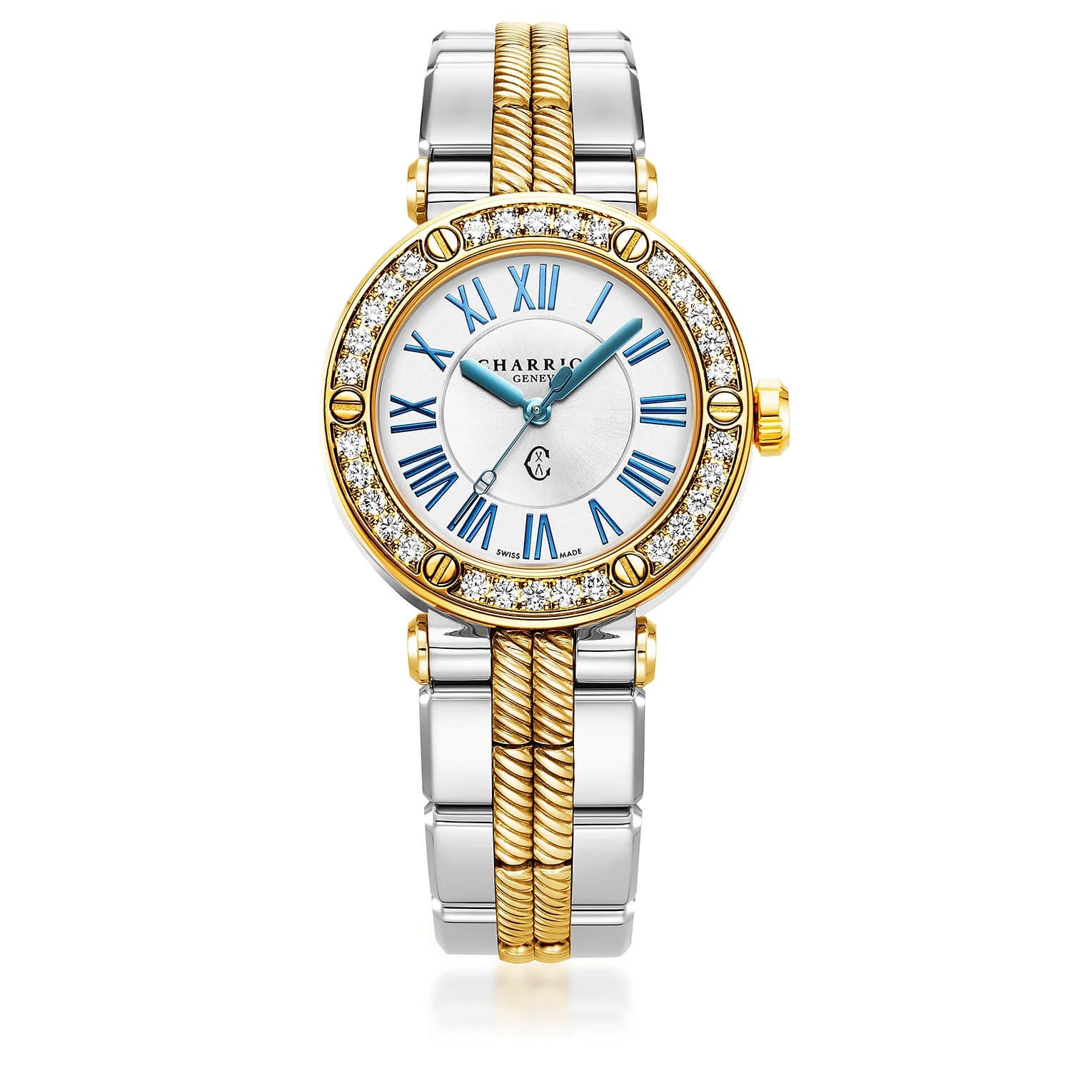 NAVIGATOR CRUISE, 36MM, QUARTZ CALIBRE, WHITE MOTHER-OF-PEARL WITH 12 ROMAN FIGURES DIAL, STEEL YELLOW GOLD PVD WITH 30 DIAMONDS & 6 SCREWS BEZEL, METAL BICOLOR INTERCHANGEABLE BRACELET - © 2024 Charriol -  Watch