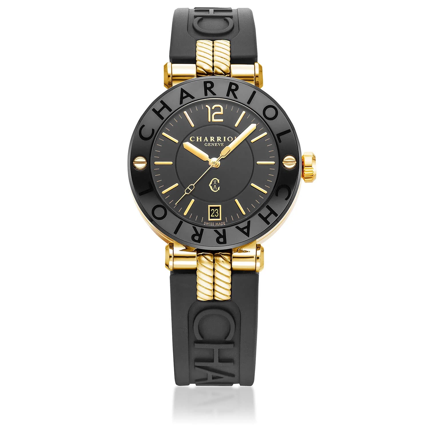 NAVIGATOR CRUISE, 36MM, CALIBRE CUARZO, NEGRO CON DIAL ÁRABE AMARILLO Y 10 ÍNDICES, ACERO PVD NEGRO CON 2 TORNILLOS PVD ORO AMARILLO, PULSERA INTERCAMBIABLE DE GOMA NEGRA CON PVD ORO AMARILLO ADJUNTA - © 2024 Charriol - Watch