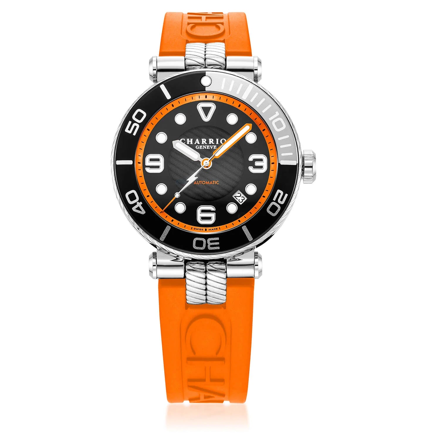 NAVIGATOR SURF, 41MM, CALIBRE AUTOMÁTICO, ESFERA LUMINOVA NEGRA, BISEL NEGRO Y PLATA, PULSERA INTERCAMBIABLE DE GOMA NARANJA - © 2024 Charriol - Watch