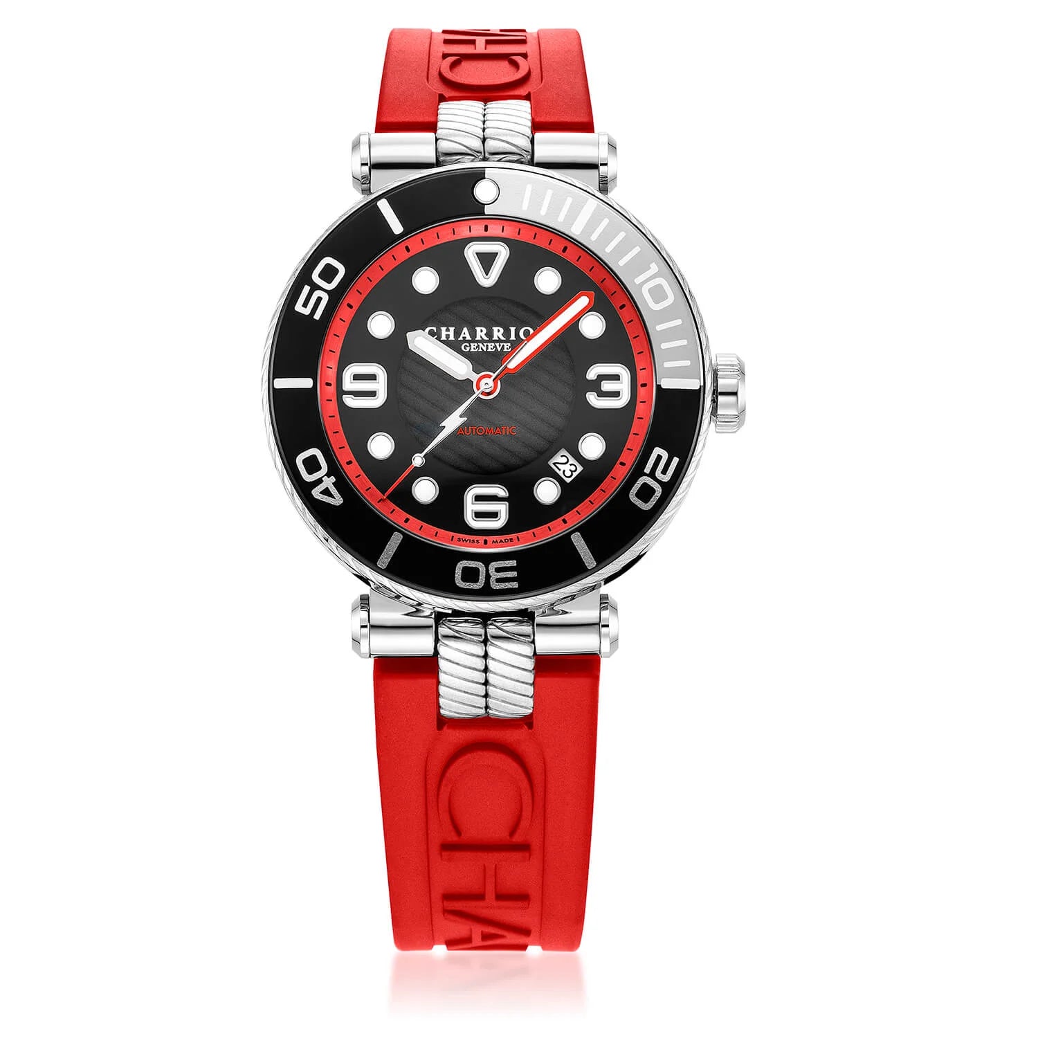 NAVIGATOR SURF, 41MM, CALIBRE AUTOMÁTICO, ESFERA LUMINOVA NEGRA, BISEL NEGRO Y PLATA, PULSERA INTERCAMBIABLE DE GOMA ROJA - © 2024 Charriol - Watch