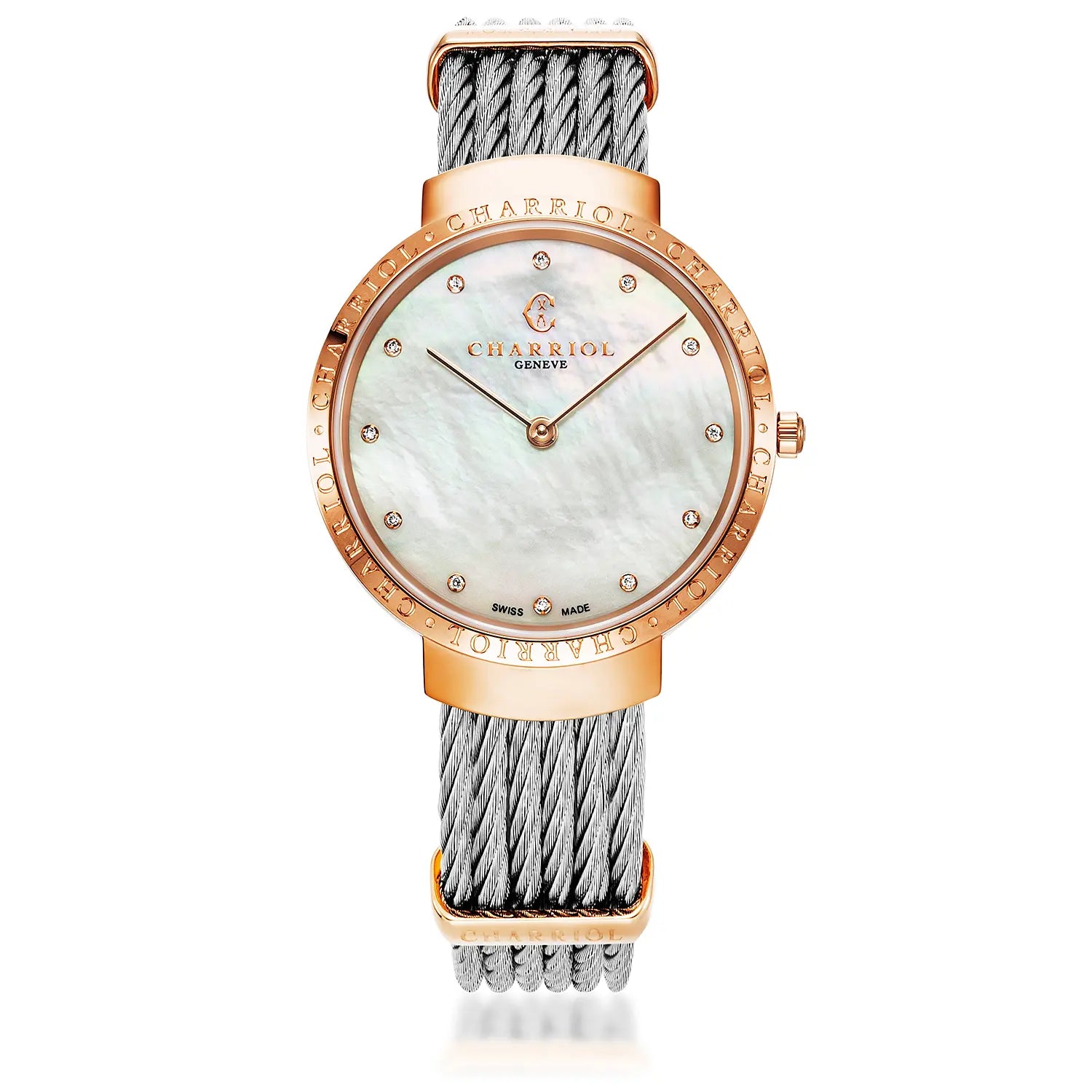 SLIM, 34MM, CUARZO CALIBRE, PERLA CON 12 DIAMANTES DIAL, "CHARRIOL CHARRIOL " BEZEL, PULSERA DE CABLE DE ACERO - Charriol Geneve - Relojes