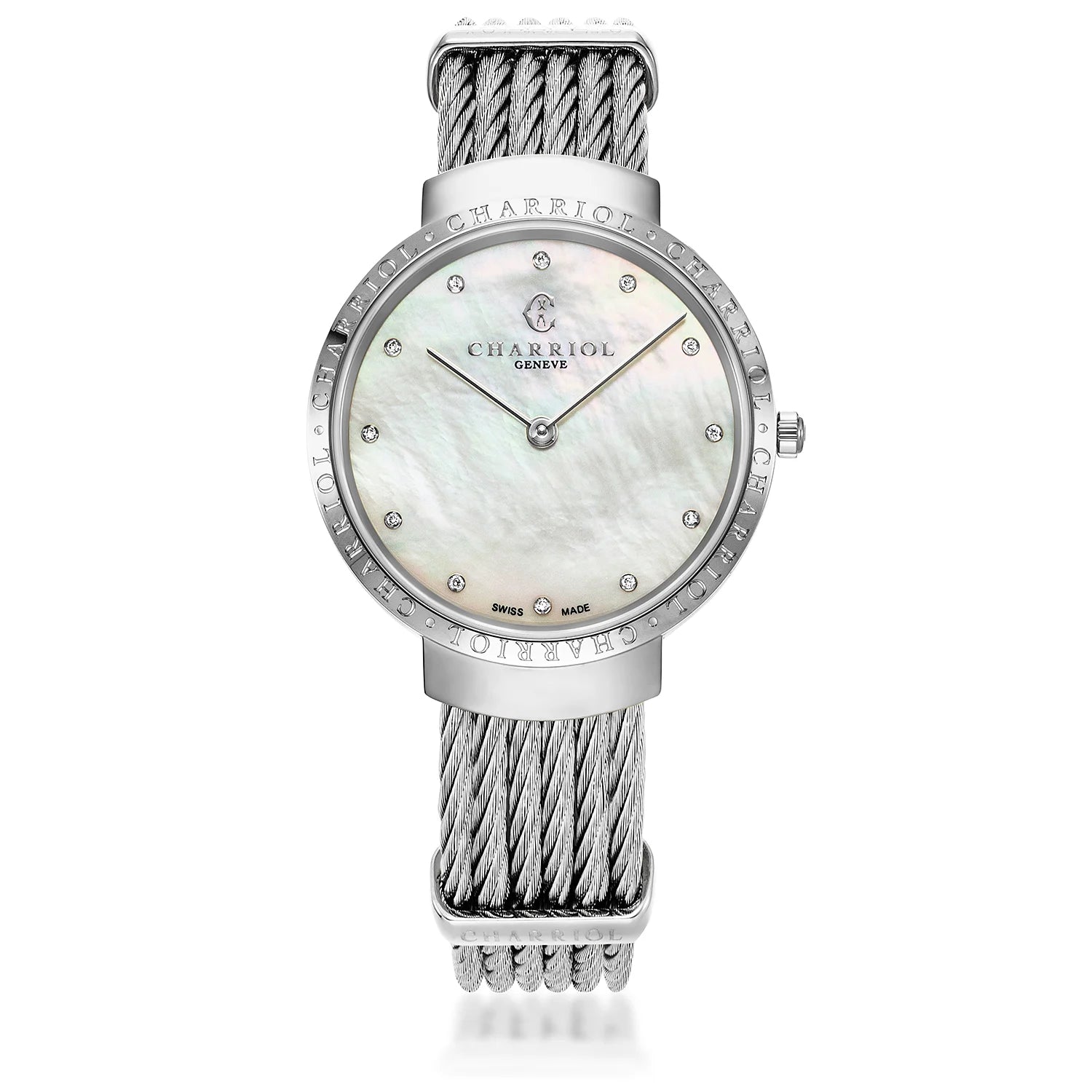 SLIM, 34MM, CUARZO CALIBRE, PERLA CON 12 DIAMANTES DIAL, "CHARRIOL CHARRIOL " BEZEL, PULSERA DE CABLE DE ACERO - Charriol Geneve - Relojes