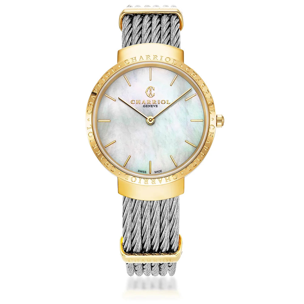 SLIM, 34MM, QUARTZ CALIBRE, WHITE MOTHER-OF-PEARL DIAL, STEEL YELLOW GOLD PVD "CHARRIOL CHARRIOL" BEZEL, STEEL CABLE BRACELET