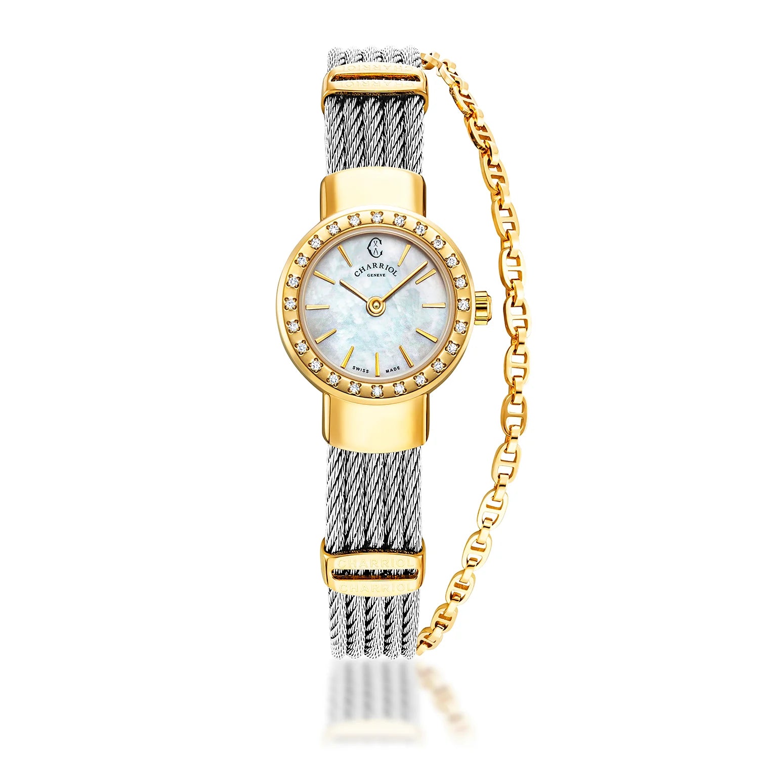 ST TROPEZ, 20MM, CALIBRE CUARZO, ESFERA DE PERLA MADRE, PVD ORO AMARILLO CON 24 DIAMANTES, PULSERA DE CABLE DE ACERO - Charriol Geneve - Watch