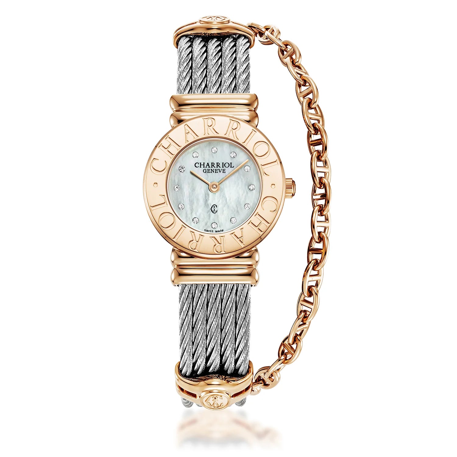 St Tropez Reloj Icon 24.5mm PVD Oro Rosa, Cable Acero, Charriol Bisel y 12 Diamantes Esfera MOP Blanca - Charriol Geneve - Relojes