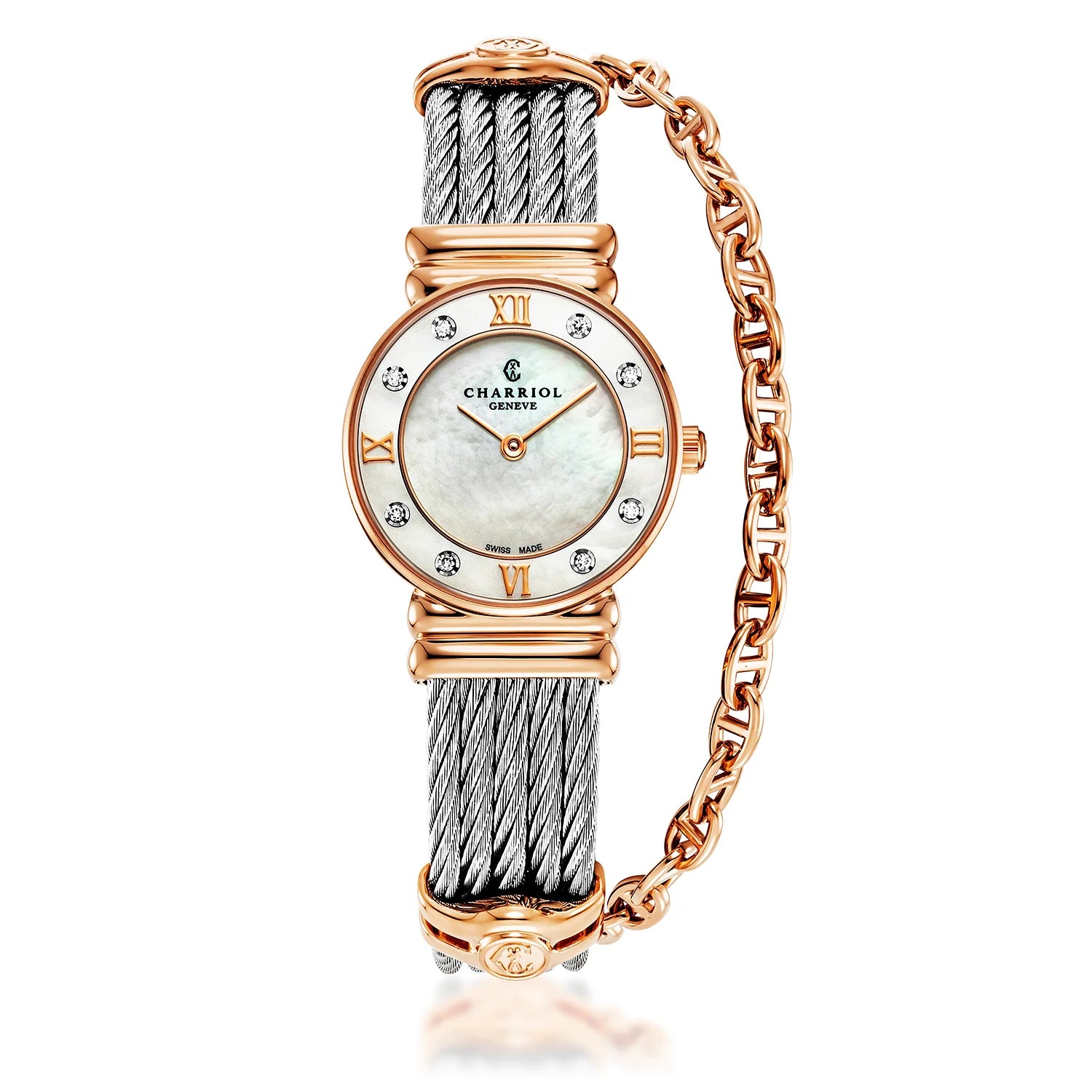 St Tropez Reloj Icon 24.5mm PVD oro rosa, cable de acero, bisel 8 diamantes y esfera blanca MOP - Charriol Geneve - Relojes