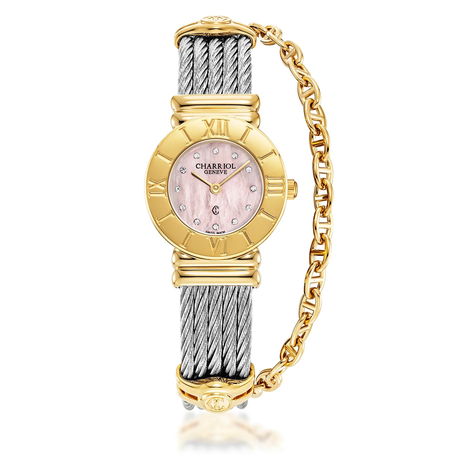 St Tropez Reloj Icon 24.5mm Oro Amarillo, Cable de Acero, Bisel con Números Romanos y 12 Diamantes Esfera Rosa MOP - Charriol Geneve - Relojes