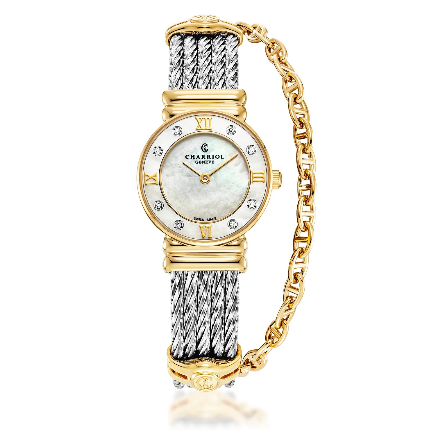 St Tropez Reloj Icon 24.5mm PVD Oro Amarillo, Cable Acero, Bisel 8 Diamantes y Esfera MOP Blanca - Charriol Geneve - Relojes