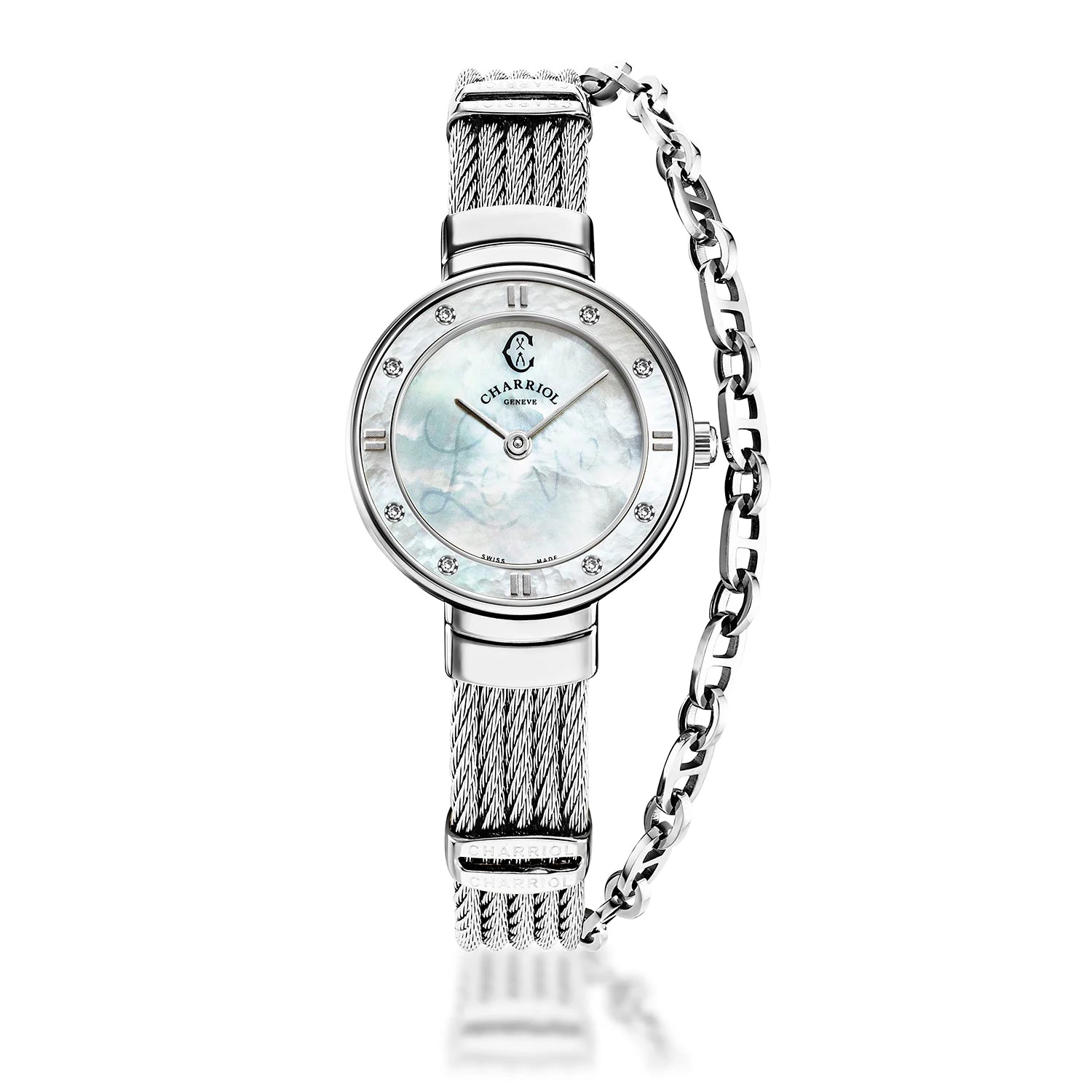 ST TROPEZ, 25MM, CUARZO CALIBRE, PERLA BLANCA CON LUMINOSA "LOVE" DIAL, PERLA BLANCA CON 8 DIAMANTES BEZEL, PULSERA DE CABLE DE ACERO - Charriol Geneve - Relojeria